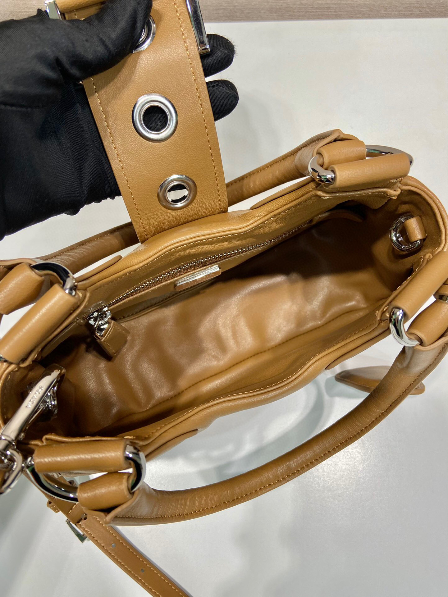 Pra*a Moon Padded Nappa Bag In White/Yellow/Brown For Women 8.8in / 22.5cm 1BA381_2DYI_F0009_V_OOM