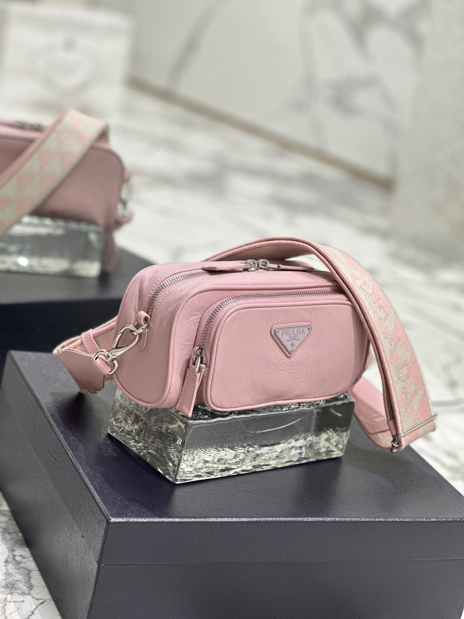 Pra*a Nappa Antique Multi-Pocket Shoulder Bag In Grey/Black/Pink For Women 8.6 in/ 22cm 1BH198_UVL_F0480_V_4OO