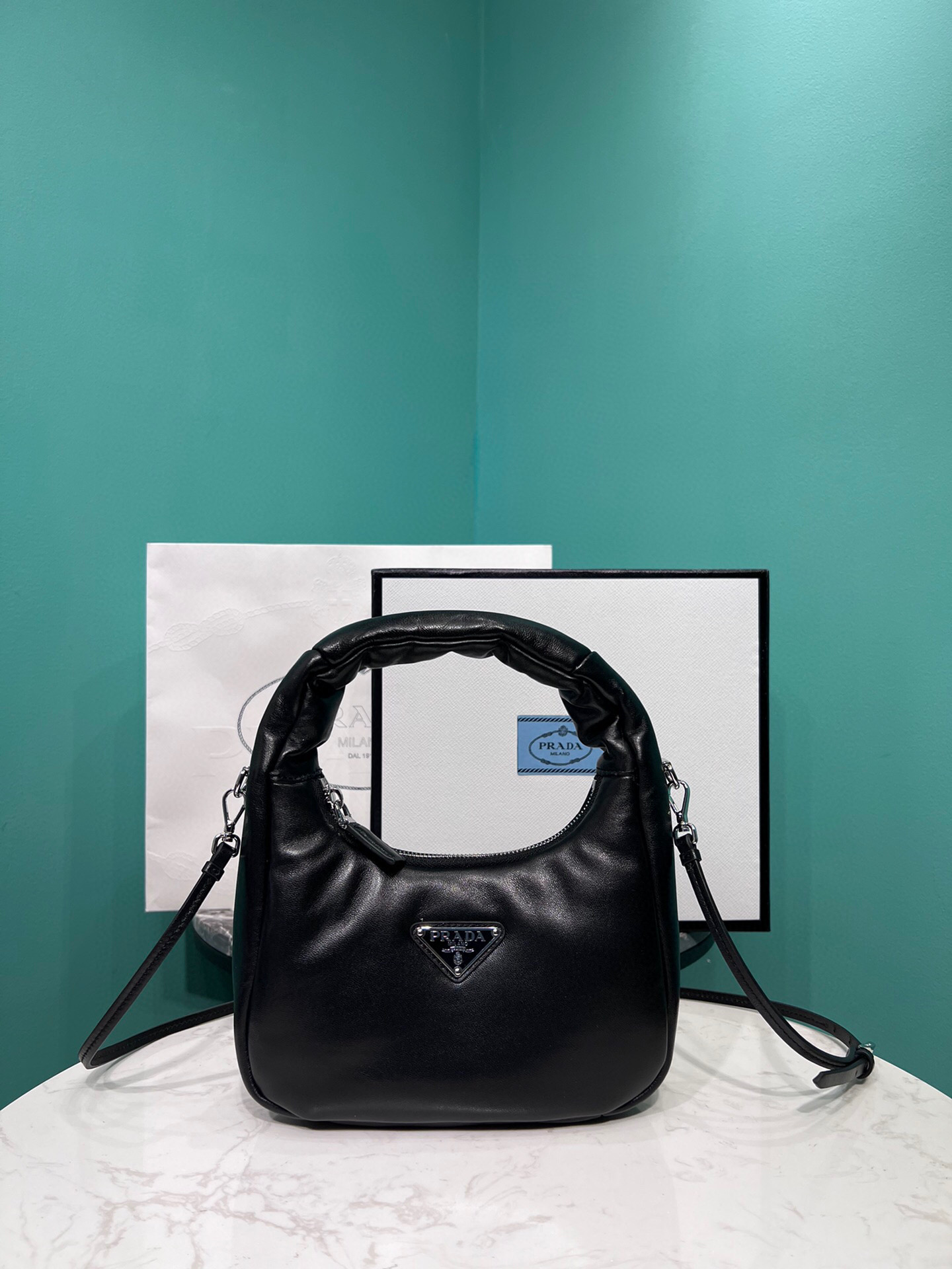 Pra*a Soft Padded Nappa Mini-Bag In Black For Women 8.2 in/ 21cm 1BA384_2DYI_F0002_V_OVM