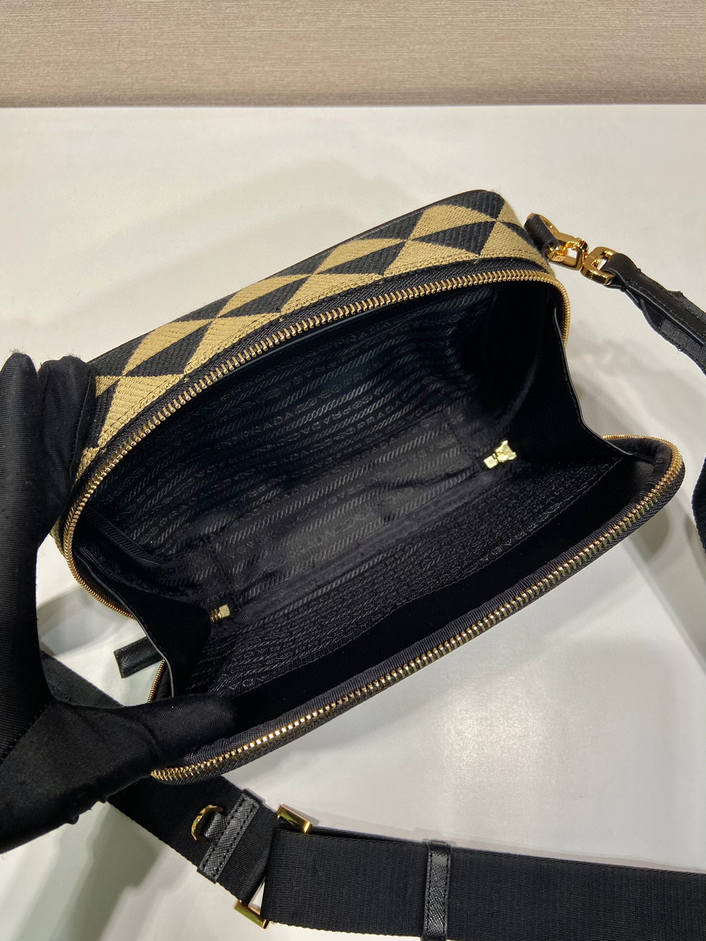 Pra*a Symbole Embroidered Fabric Bag In Beige For Women 8.6 in/ 22 cm 2VH069_2FKL_F0Y30_V_MOF