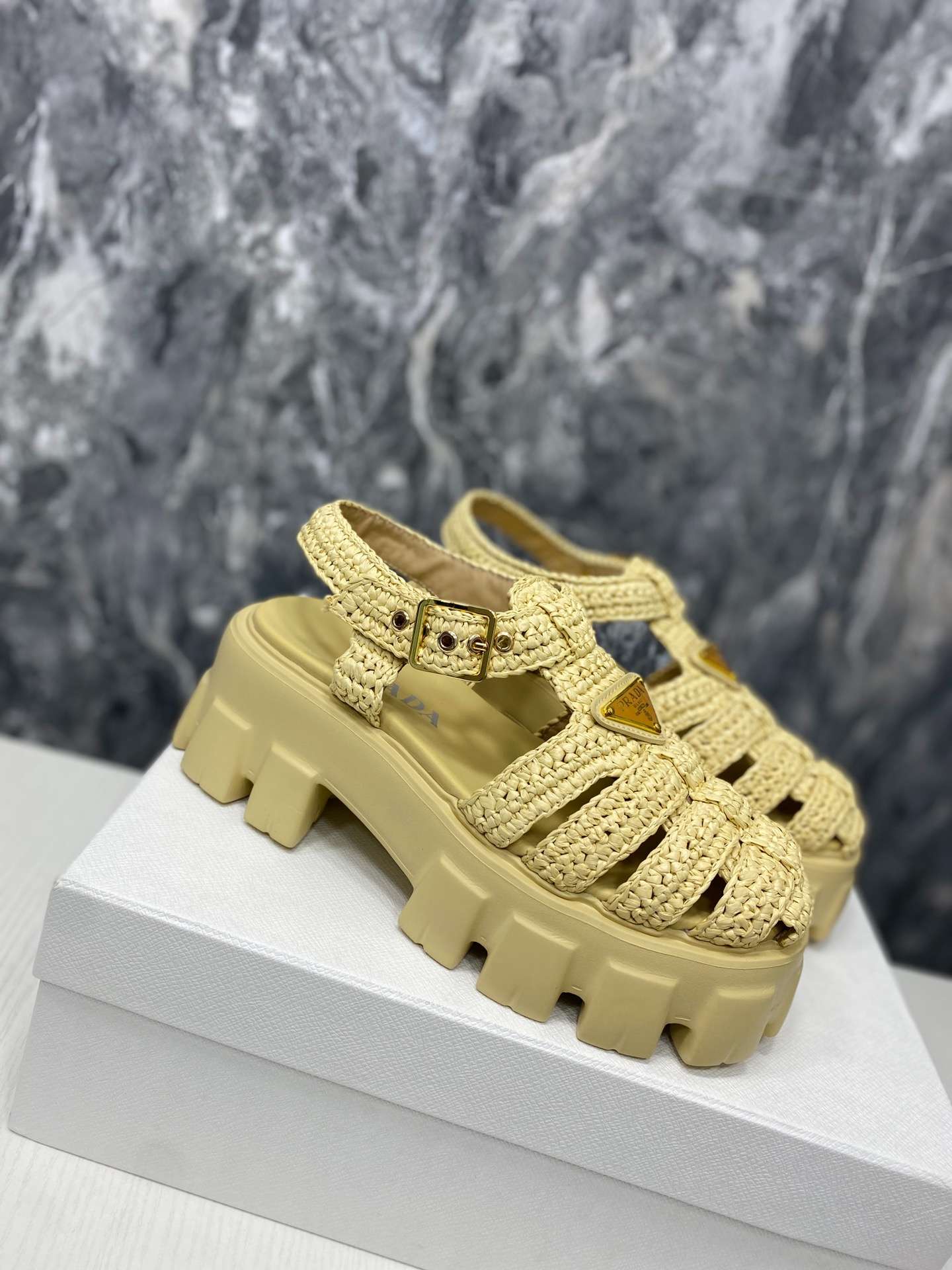 Pra*a Monolith Crochet Cage Sandals Yellow For Women