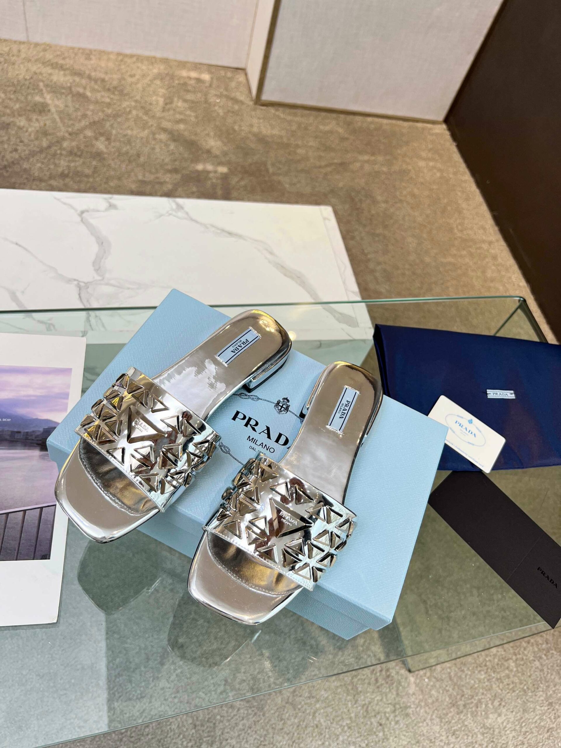 Pra*a Nappa Slides Silver For Women