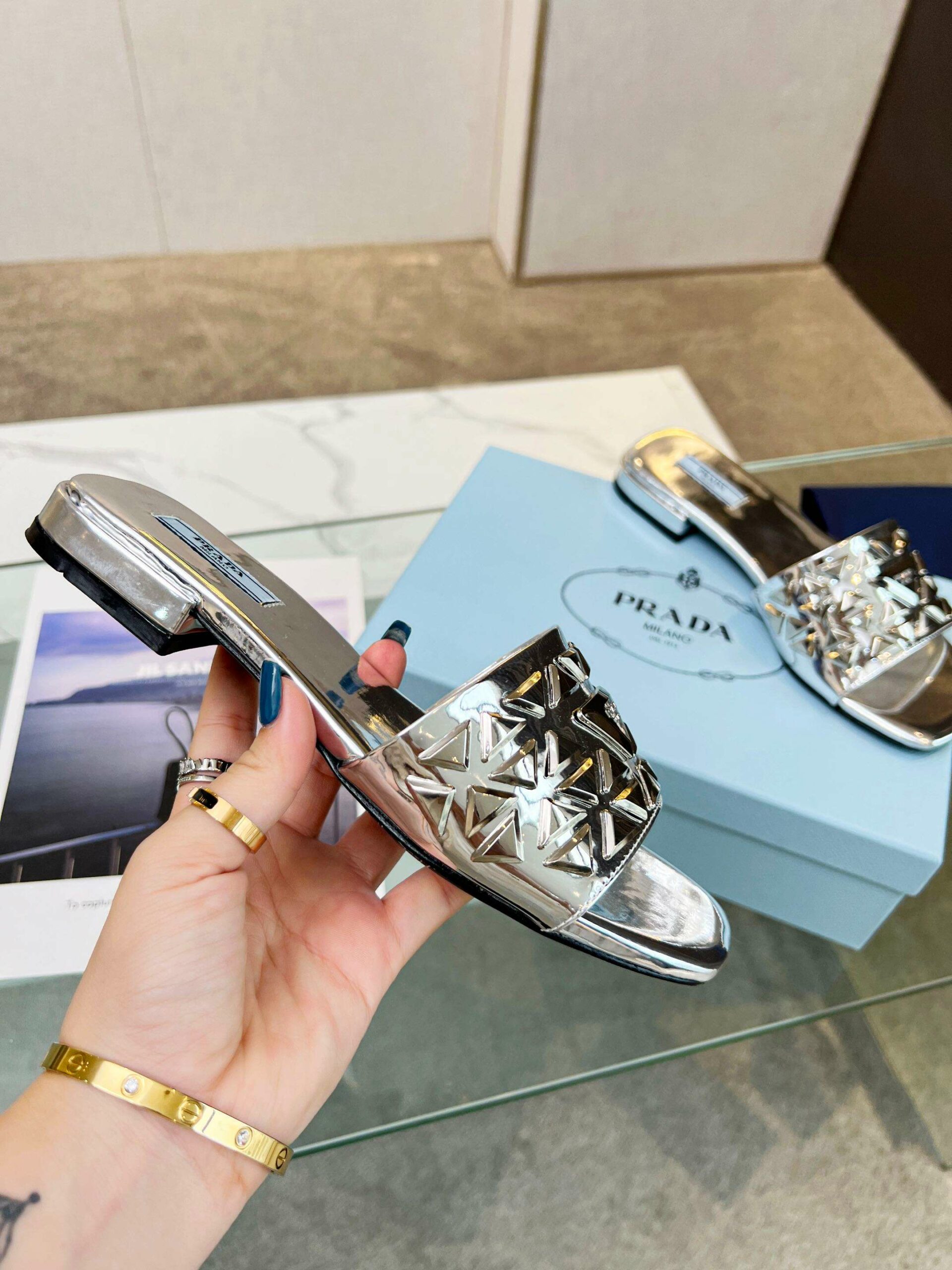 Pra*a Nappa Slides Silver For Women