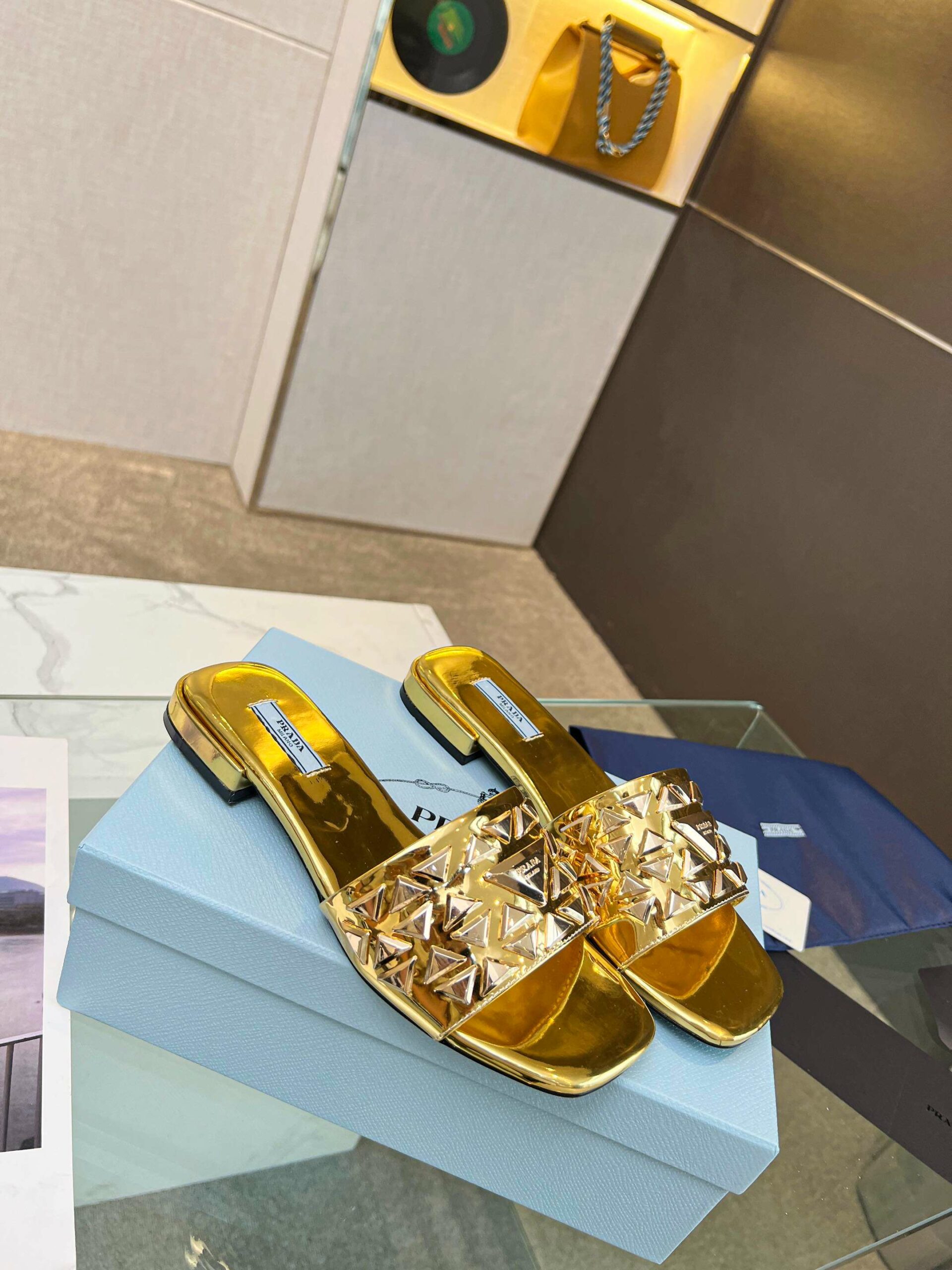 Pra*a Nappa Slides Gold For Women
