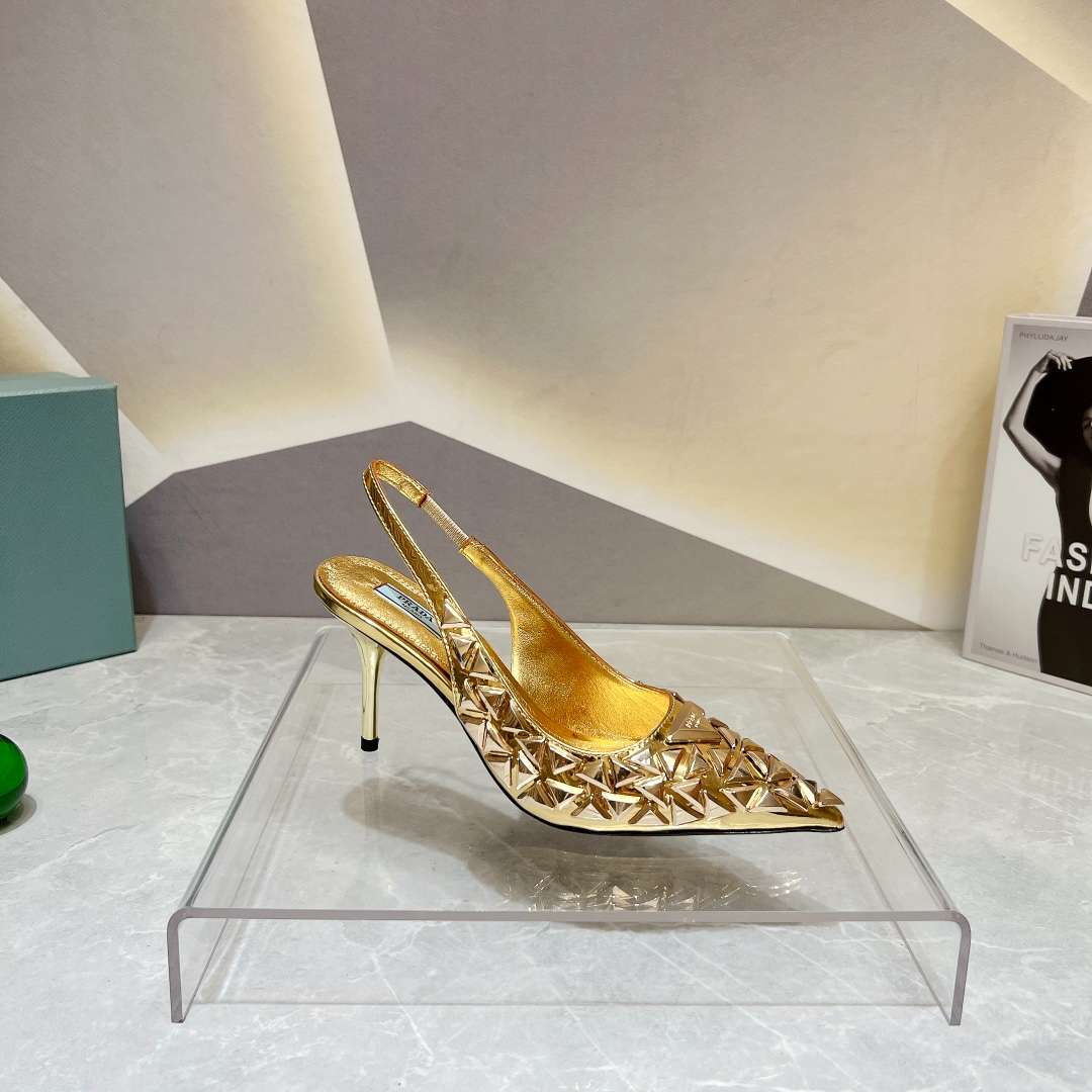 Pra*a Slingback Spike Pumps Gold For Women