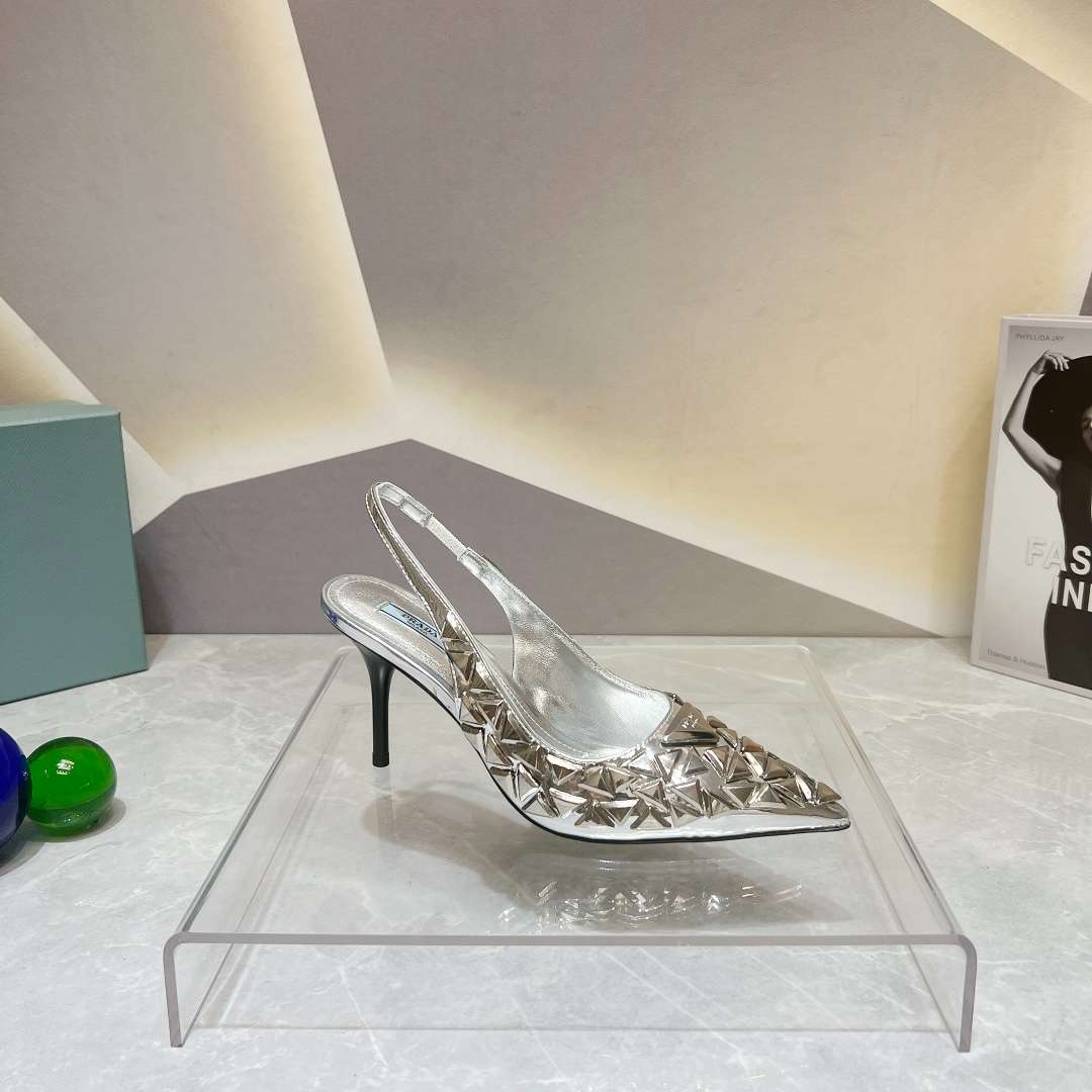 Pra*a Slingback Spike Pumps Silver For Women