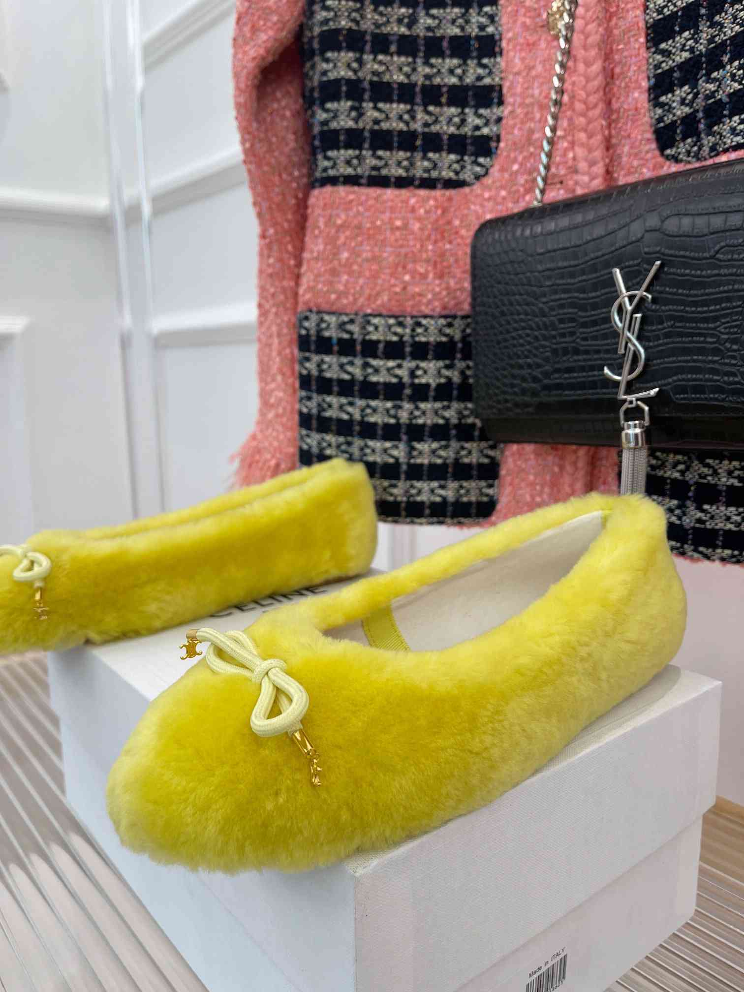 Ce1i*e Les Ballerines Ce1i*e Ballerina With Triomphe Laces And Fur Yellow For Women