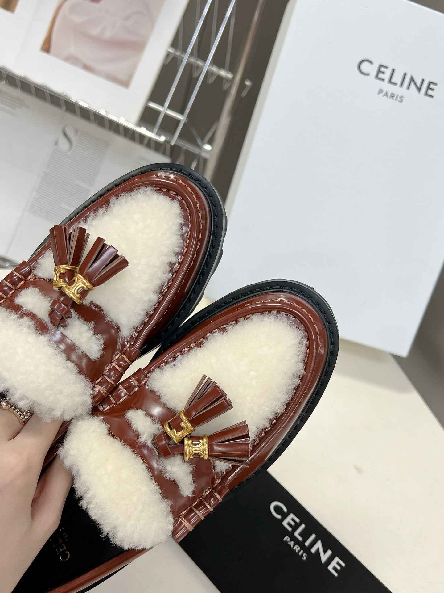 Ce1i*e Margaret Fur Loafer With Tassels Burgundy For Women