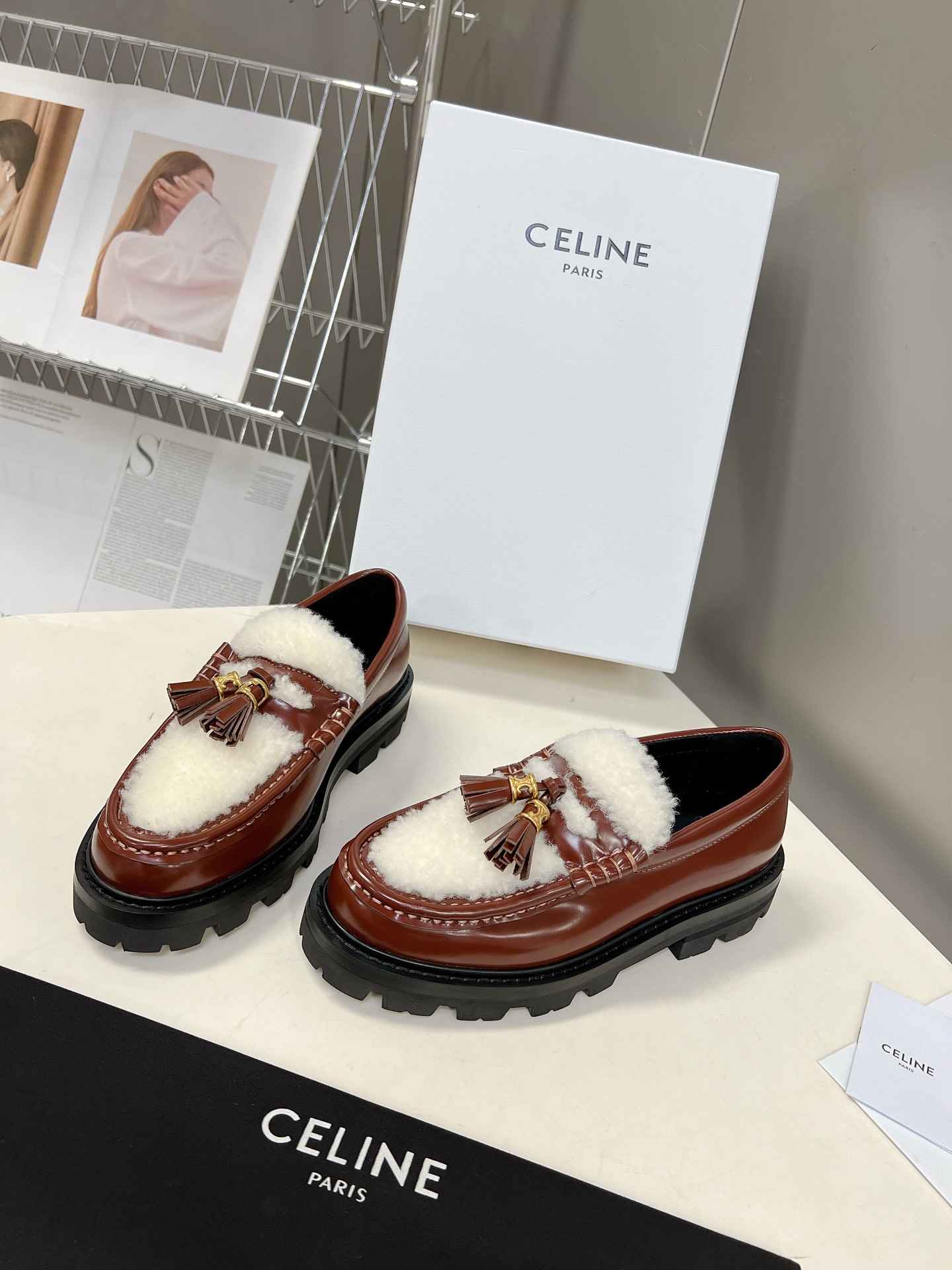 Ce1i*e Margaret Fur Loafer With Tassels Burgundy For Women