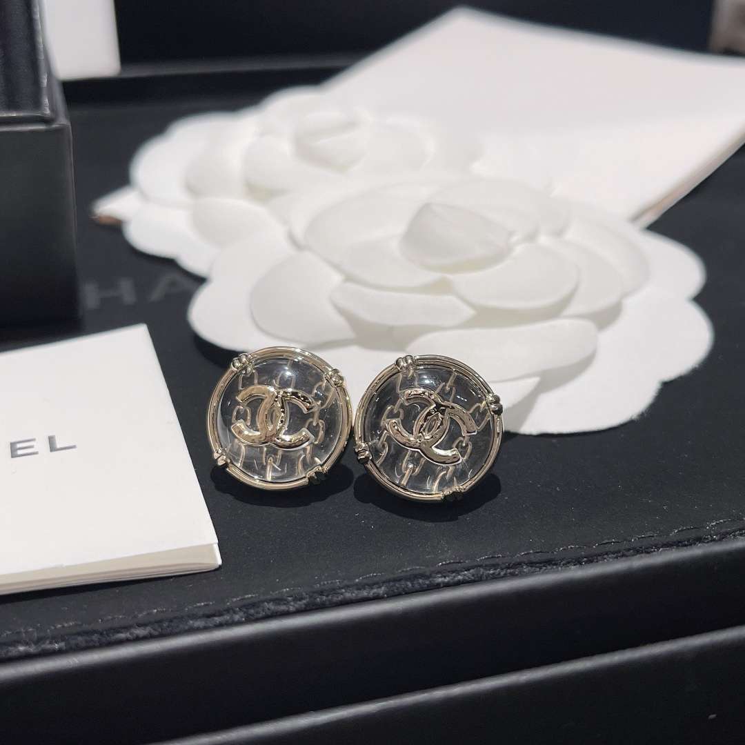 Ch**el Round Button Plastic Earrings Silver For Women