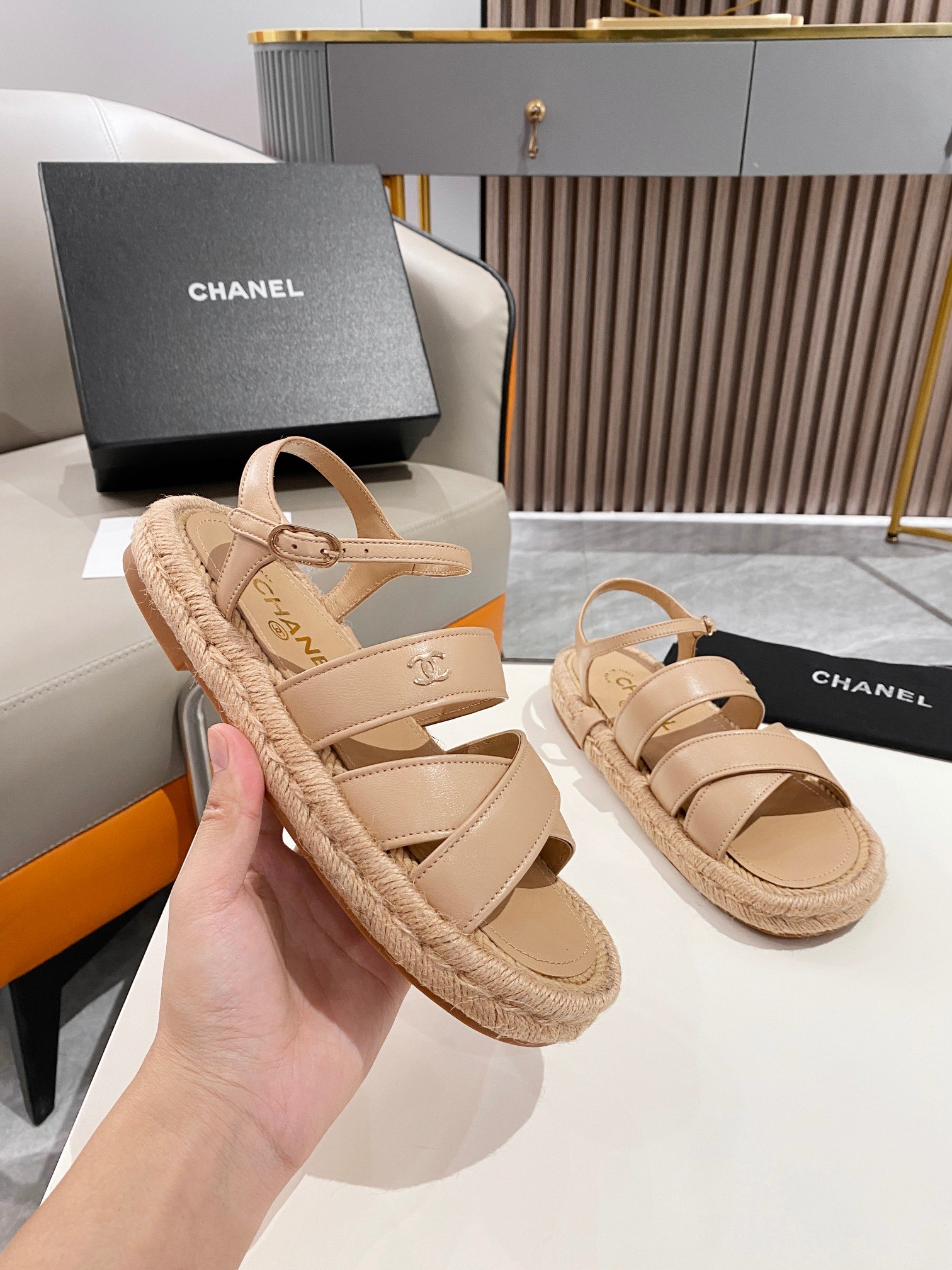 Ch**el Straw Weave Strap Thick Sole Crossbody Brown For Women