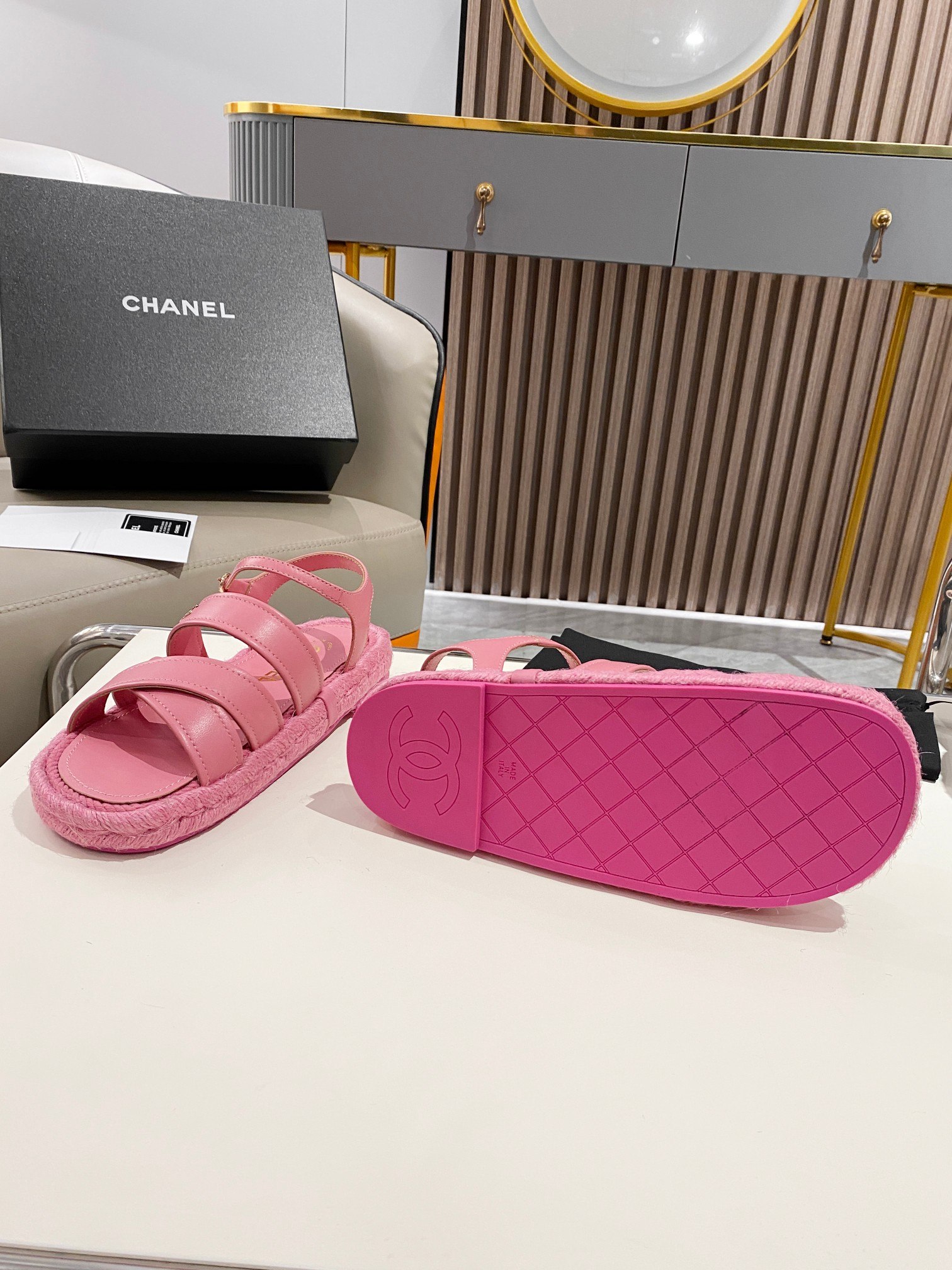 Ch**el Straw Weave Strap Thick Sole Crossbody Pink For Women