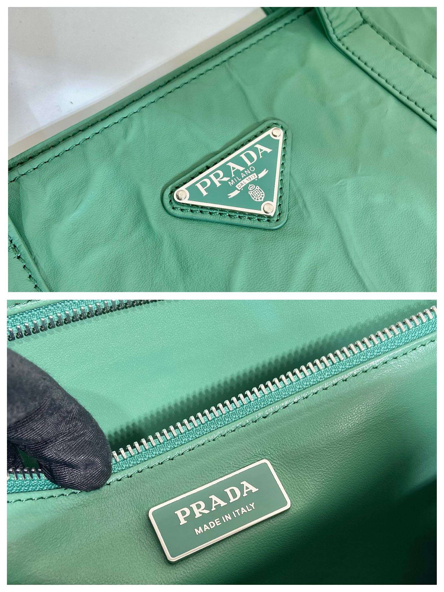 Pra*a Large Antique Nappa Tote Grey/Green For Women 15.3in/39cm 1BG460_UVL_F0480_V_OOO