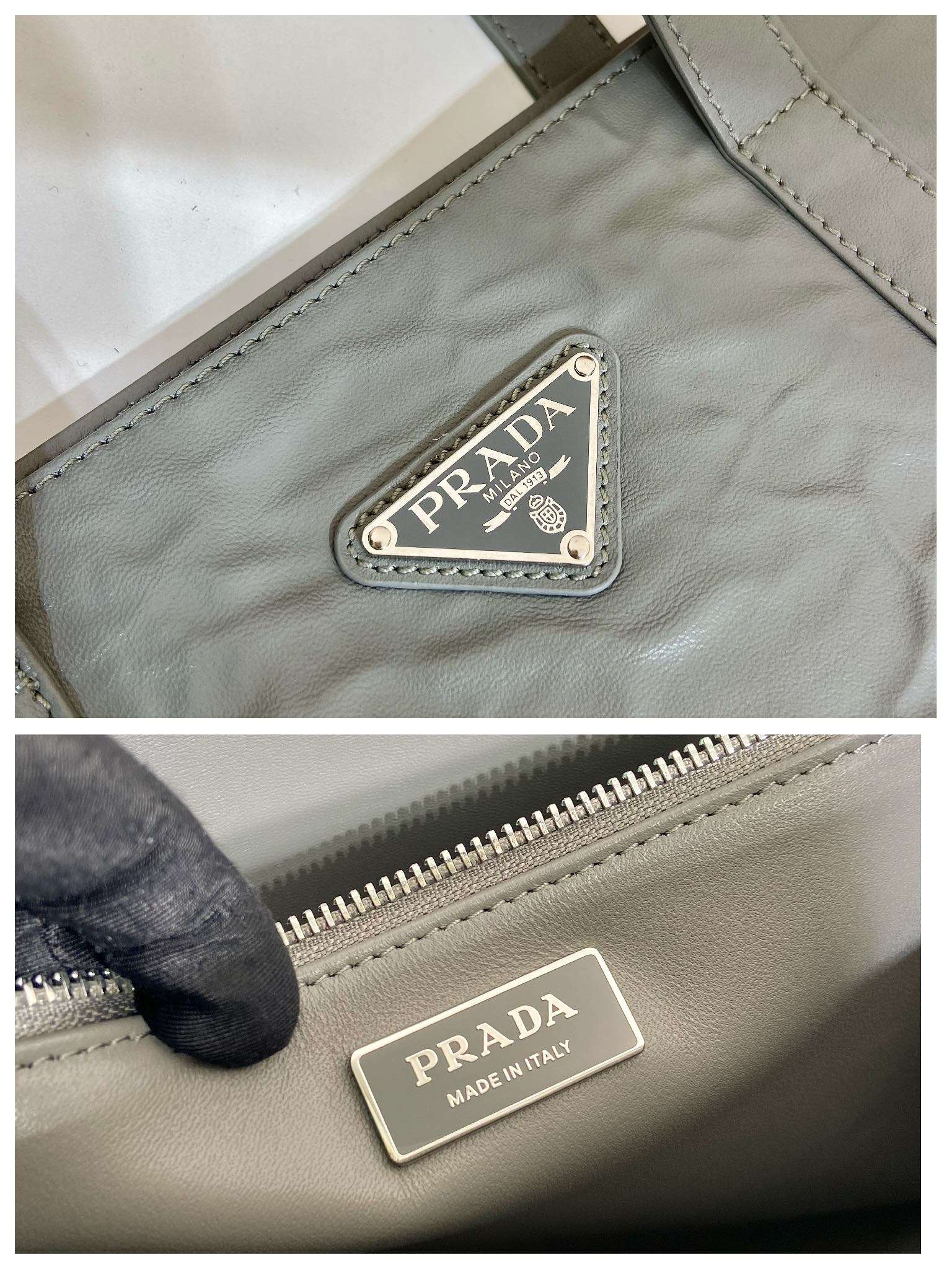 Pra*a Large Antique Nappa Tote Grey/Green For Women 15.3in/39cm 1BG460_UVL_F0480_V_OOO
