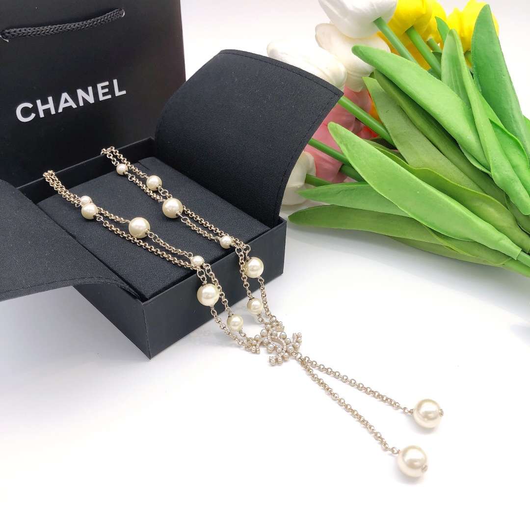 Ch**el Pearl Double C Rice Beads Large And Small Necklace Gold For Women
