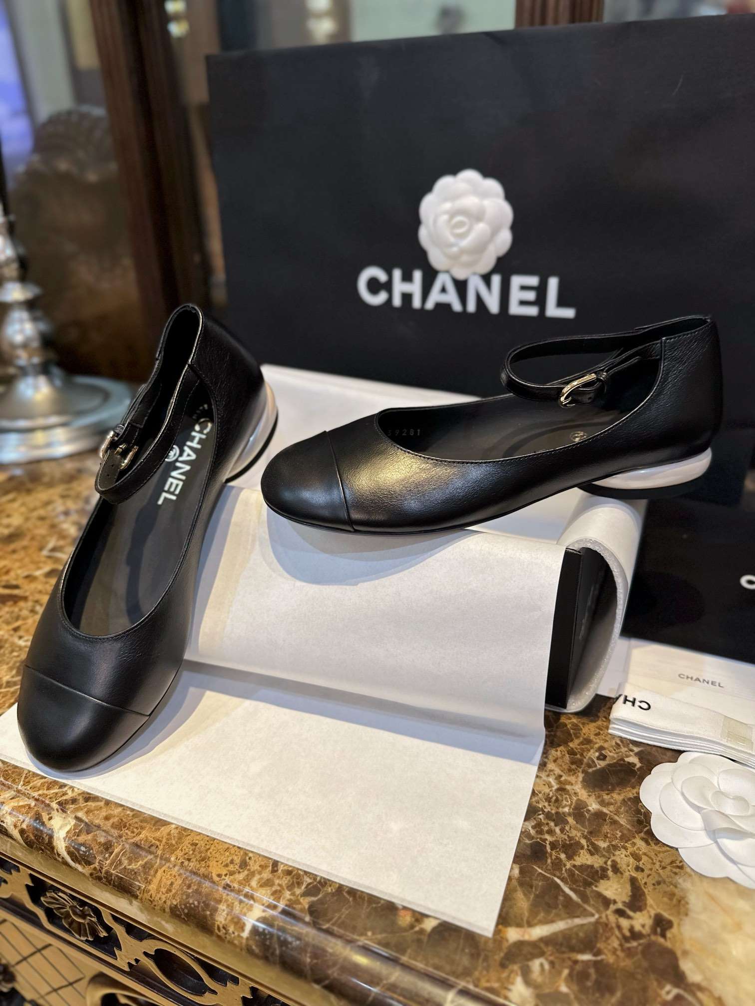 Ch**el Mary Jane Flats Pearl Black For Women