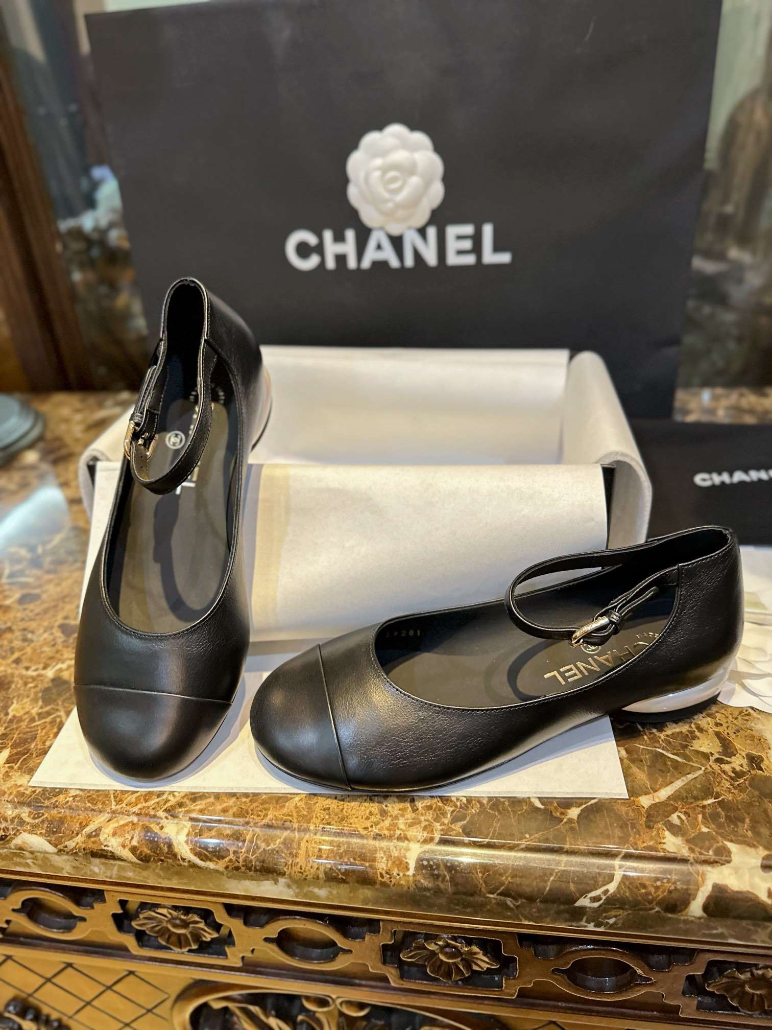 Ch**el Mary Jane Flats Pearl Black For Women