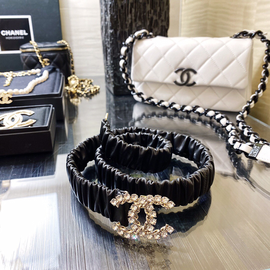 Ch**el Twinkle Stone Interlocking C Buckle Belt Black For Women