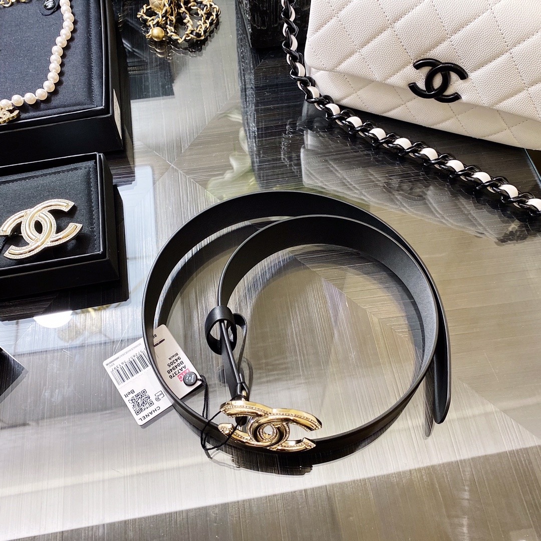 Ch**el Mini Stone Interlocking C Buckle Belt Black For Women