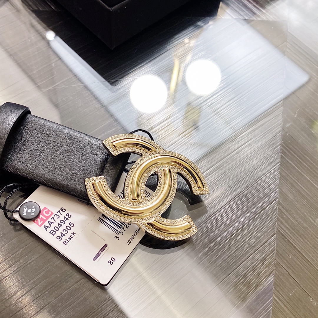 Ch**el Mini Stone Interlocking C Buckle Belt Black For Women