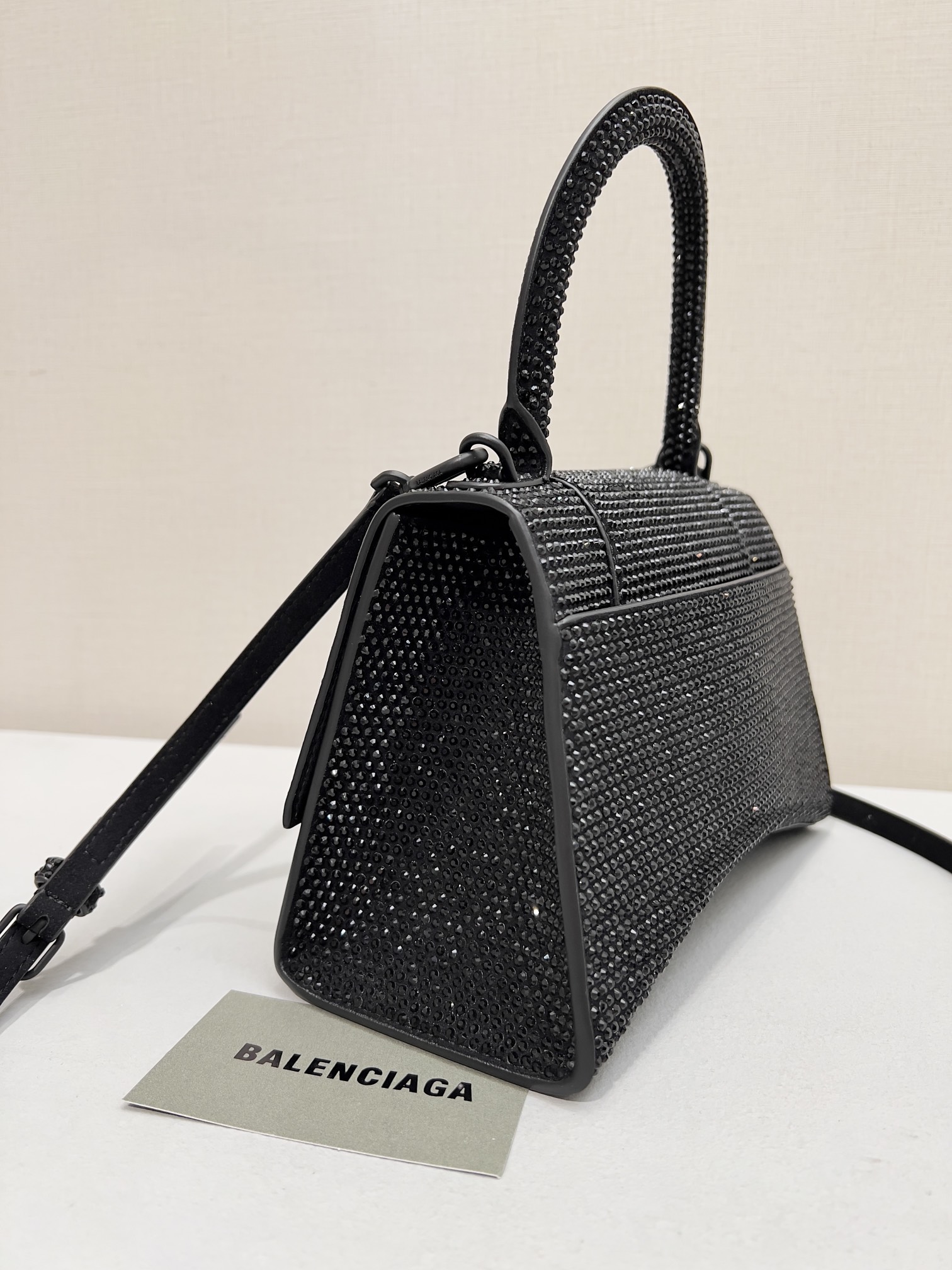 [True-to-ORIGINAL] Ba1en*iaga Furry Hourglass Small Handbag With Rhinestones In Black For Women 24cm/9.4in