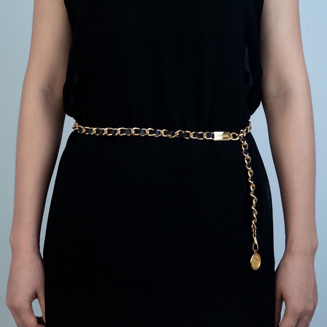 Ch**el Iconic Chain Link With Black Leather And Coin Charm For Women