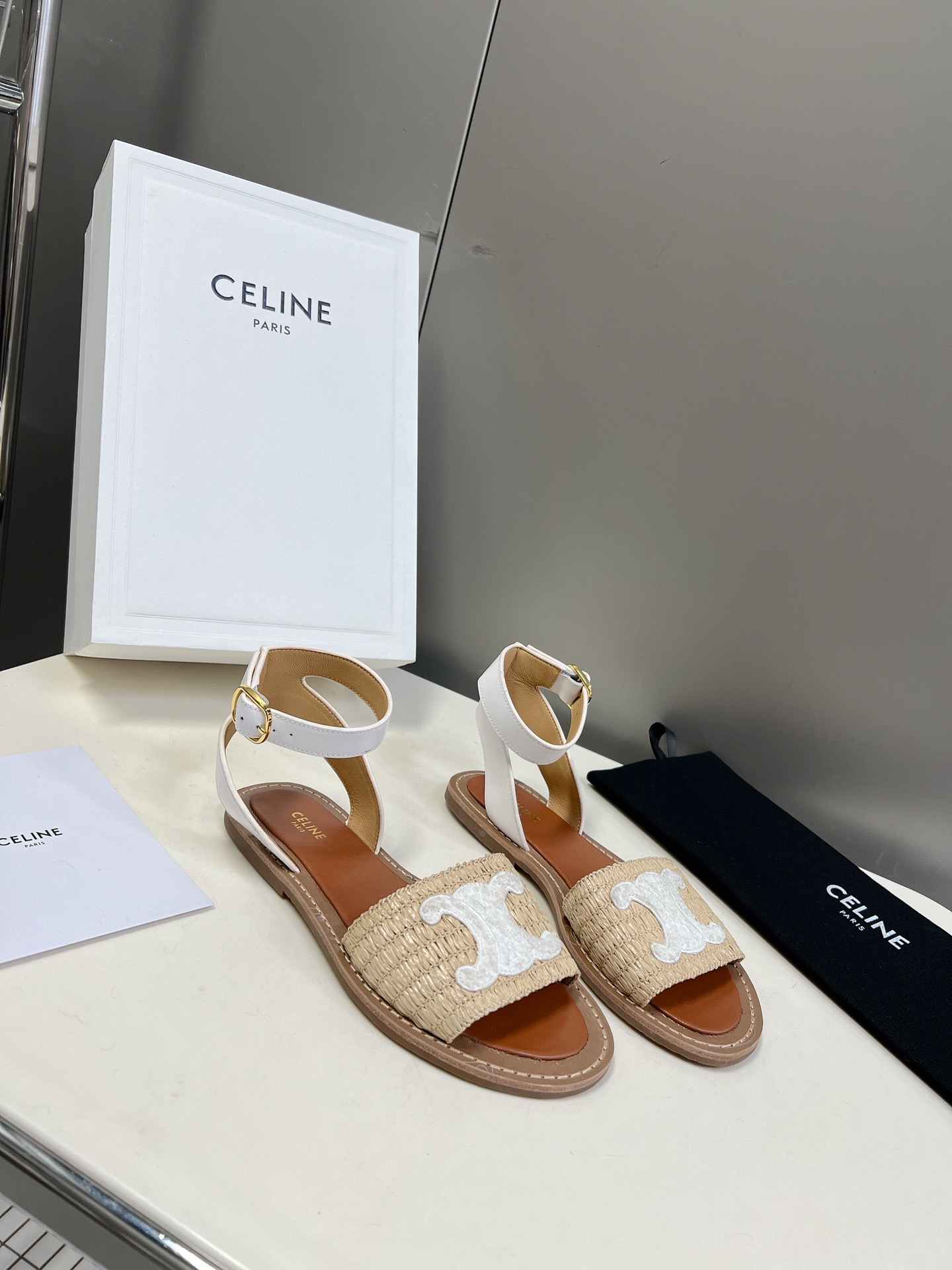 Ce1i*e Lympia Flat Strap Sandal In Raffia White For Women 352402248C.02GH
