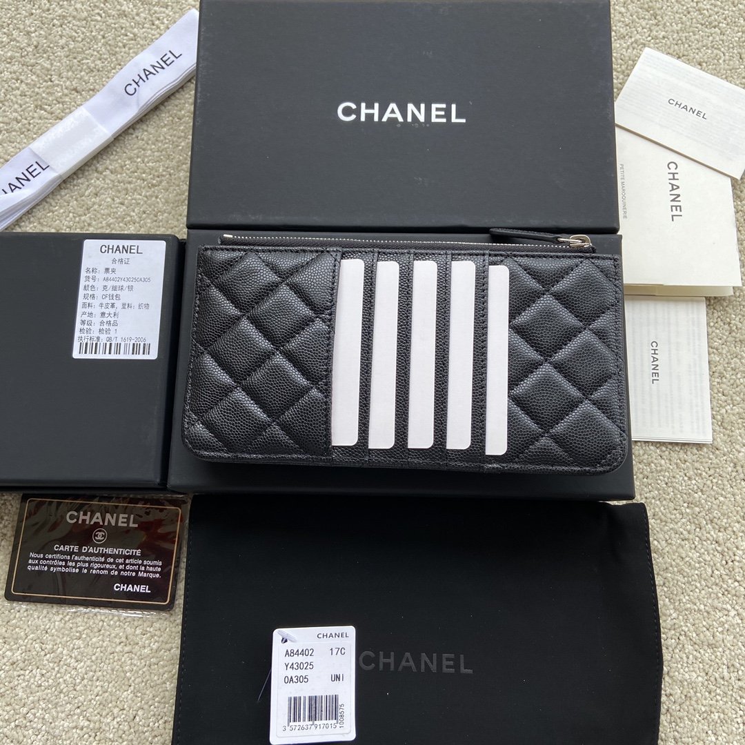 Ch**el CO-CO Mini Pouch Wallet 19.5cm/7.7in Silver Hardware For Women Black