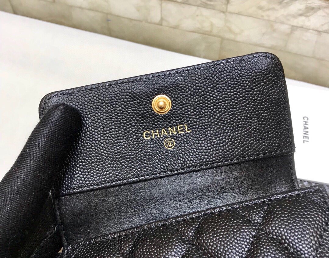 Ch**el CO-CO Boy Flap Card Holder 11cm/4.3in Gold Hardware For Women Black A80603 Y07659 94305
