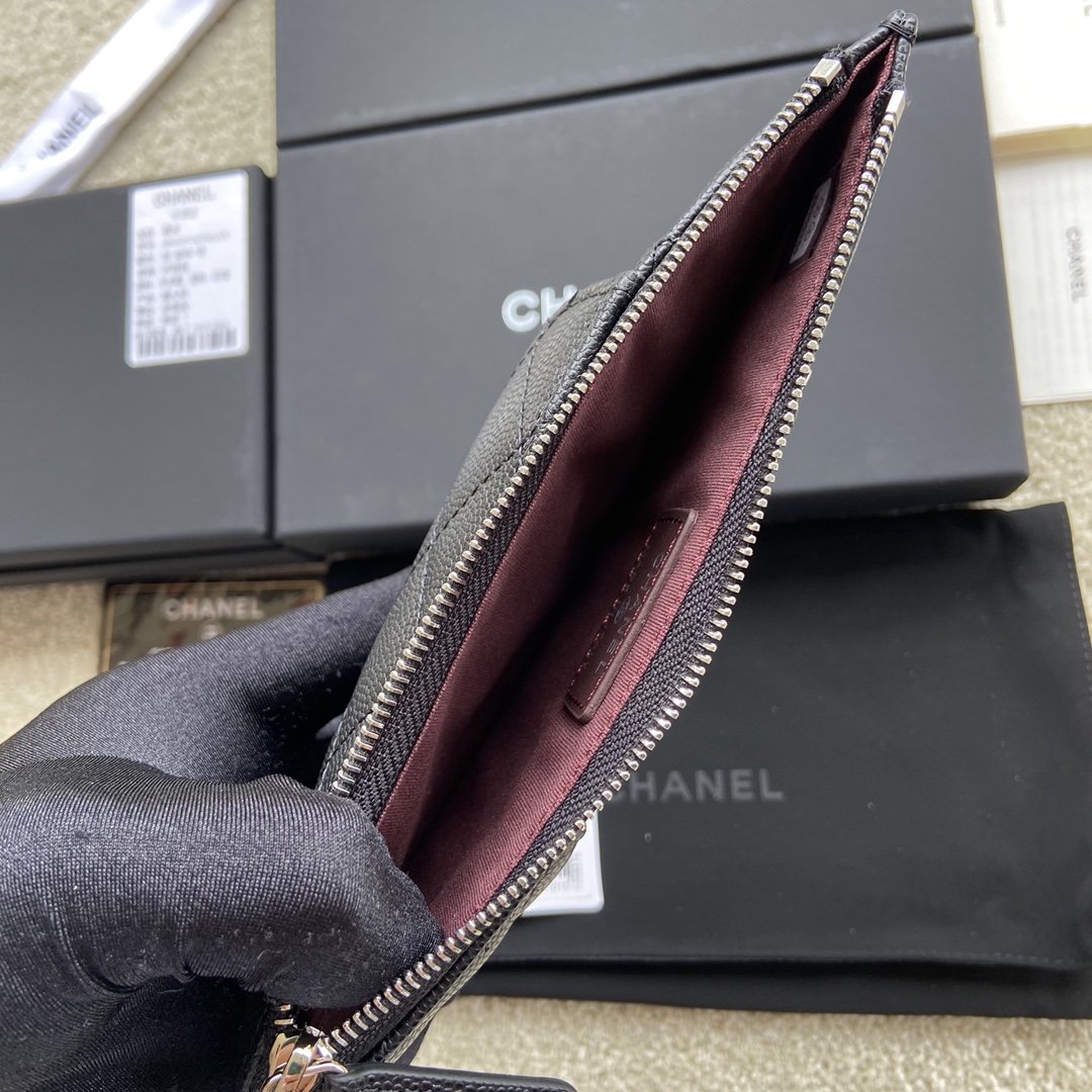 Ch**el CO-CO Mini Pouch Wallet 19.5cm/7.7in Silver Hardware For Women Black