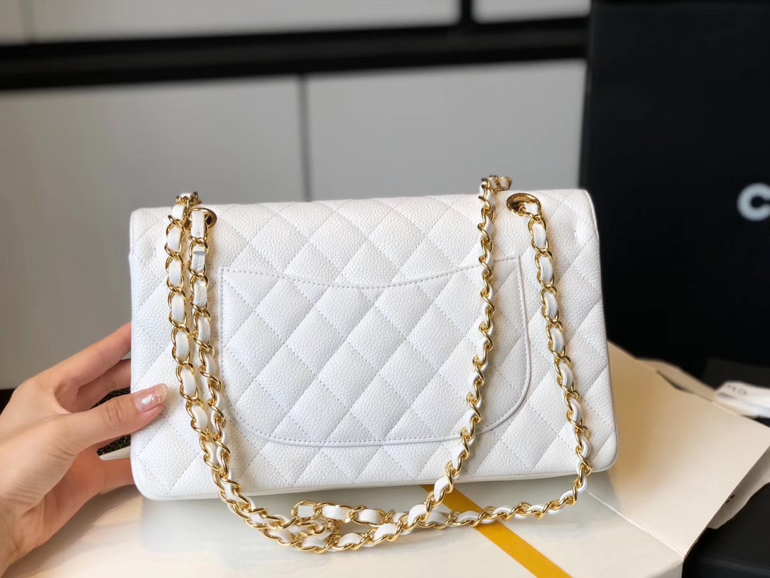 Ch**el Classic Medium Flapbag Golden Hardware White 10in/25.5cm