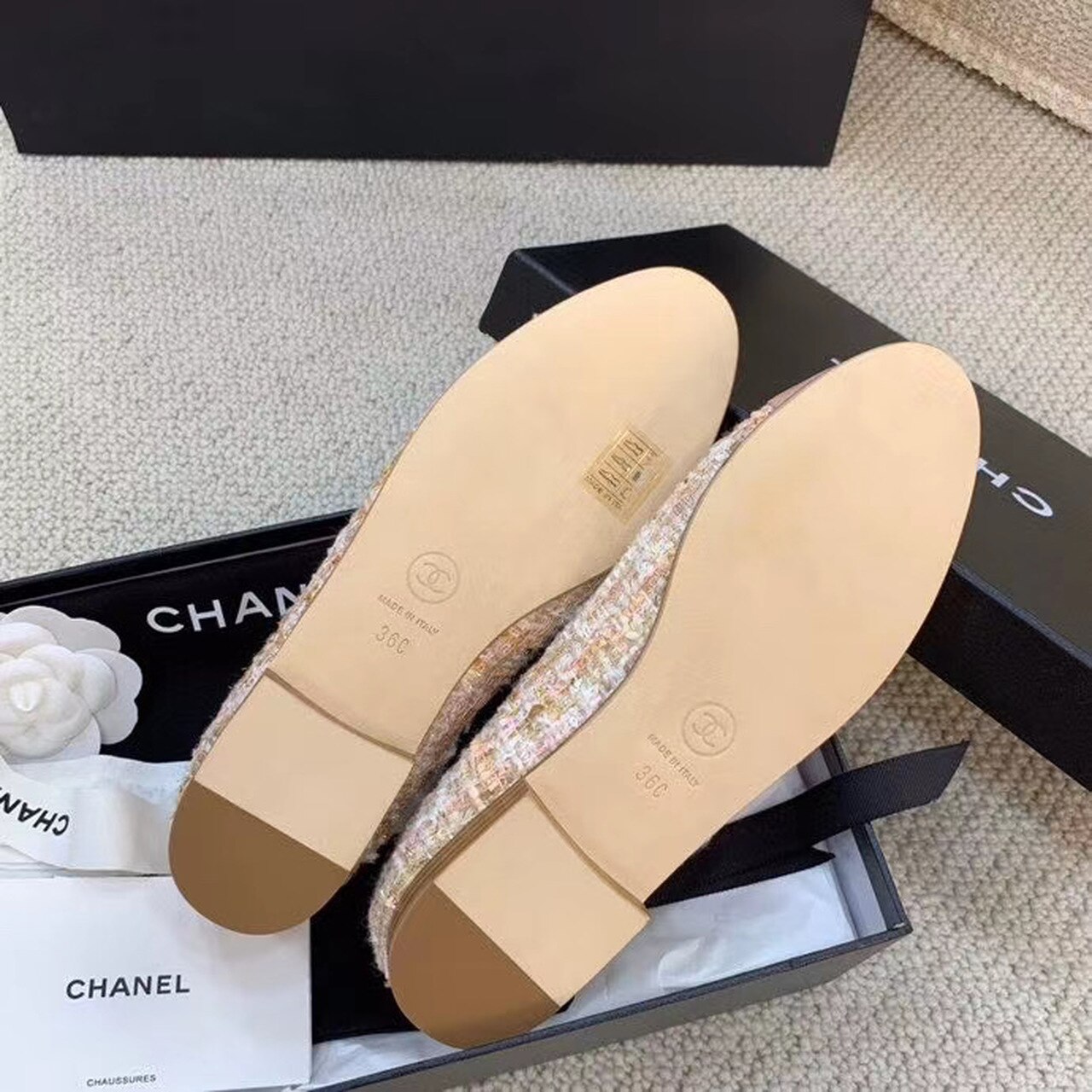 Ch**el Ballerina Flats Tweed and Grosgrain Light Pink For Women, Women’s Shoes G02819