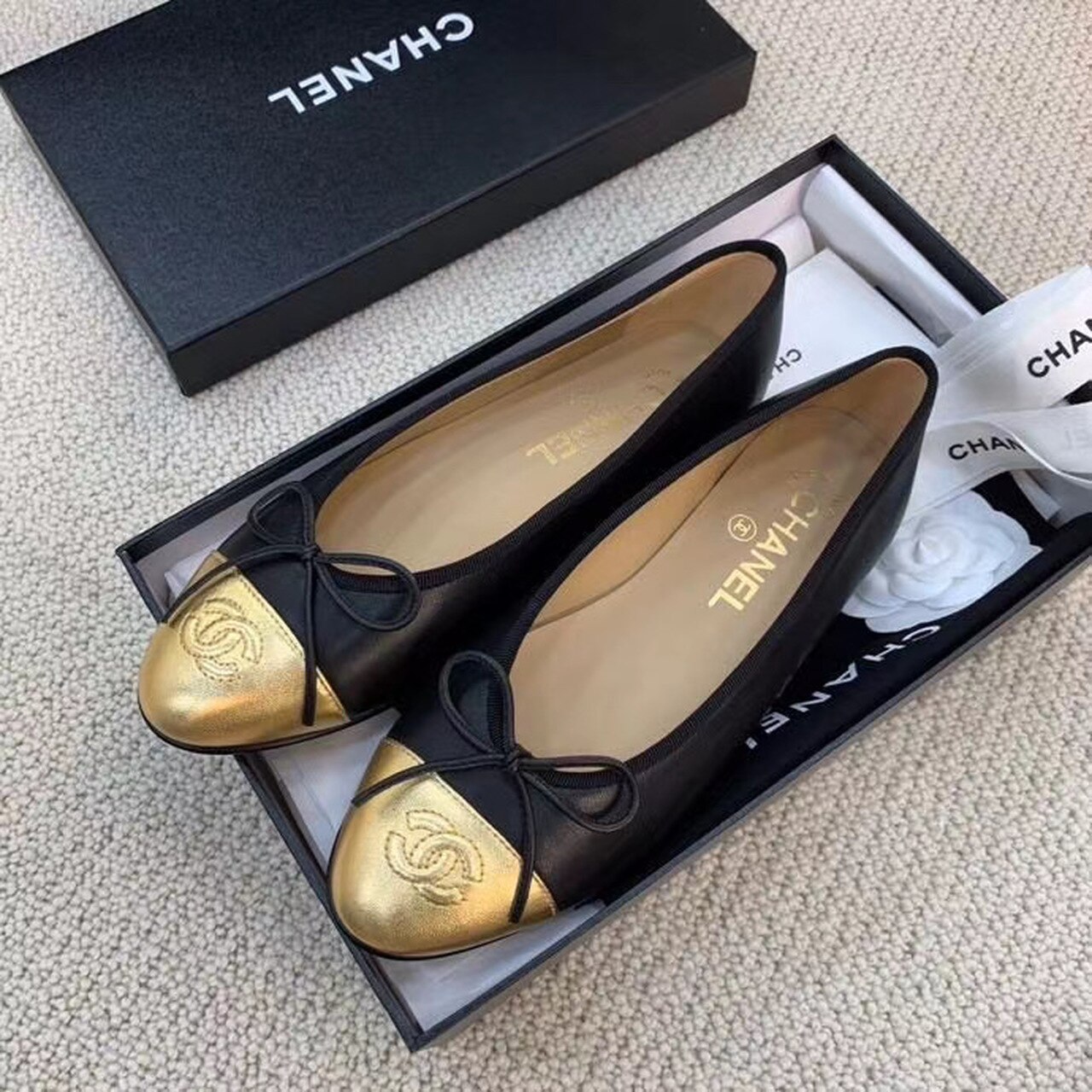 Ch**el Ballerina Flats Black/Gold For Women, Women’s Shoes G02819