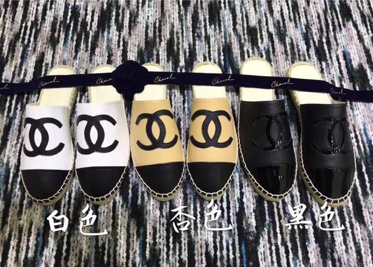 Ch**el Mule Espadrille Slides White/Black For Women, Women’s Shoes
