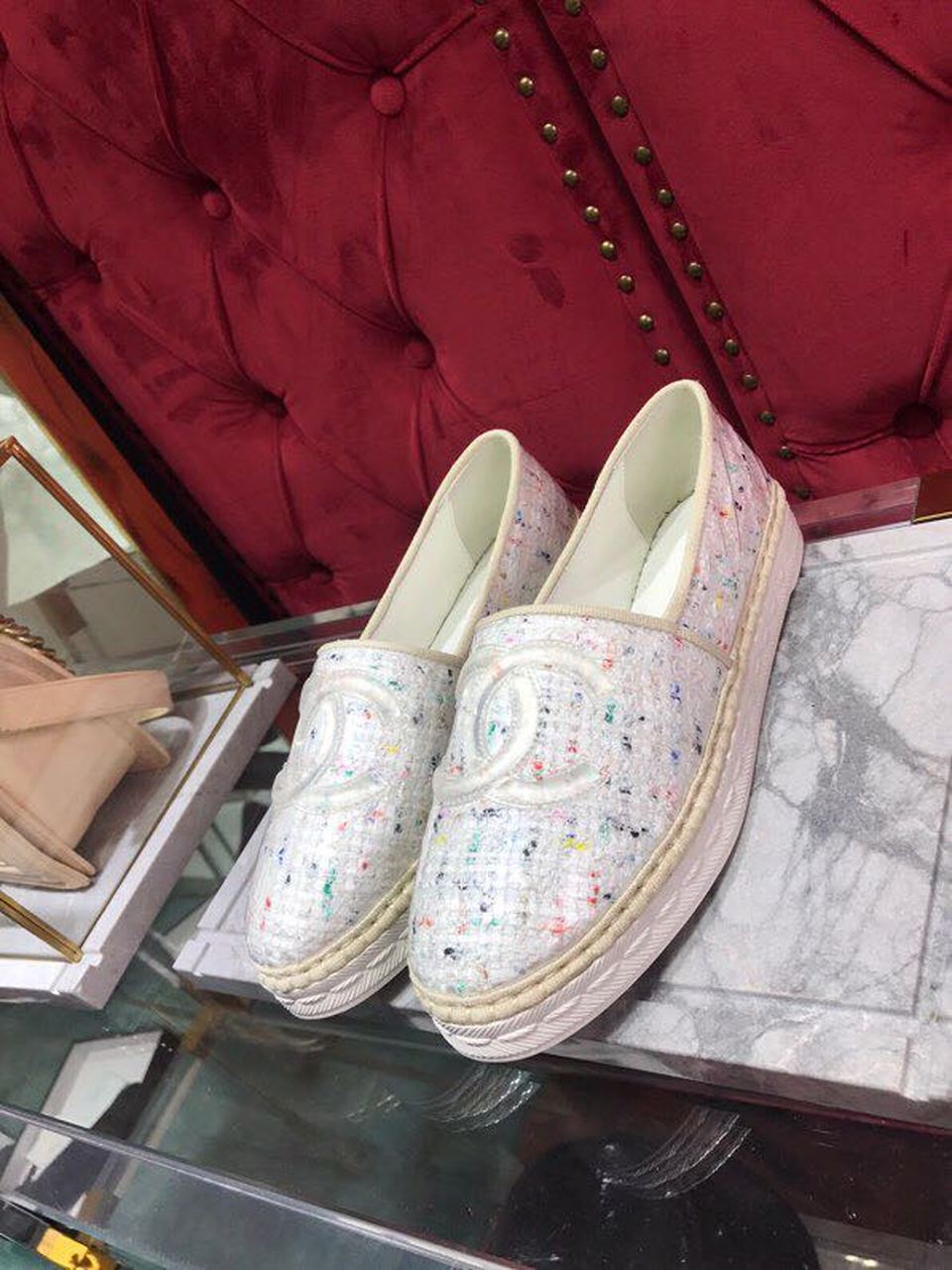 Ch**el Tweed/PVC CC Logo Espadrilles White For Women, Women’s Shoes