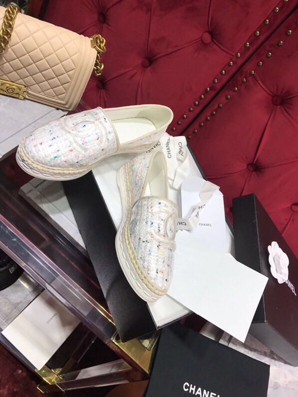 Ch**el Tweed/PVC CC Logo Espadrilles White For Women, Women’s Shoes