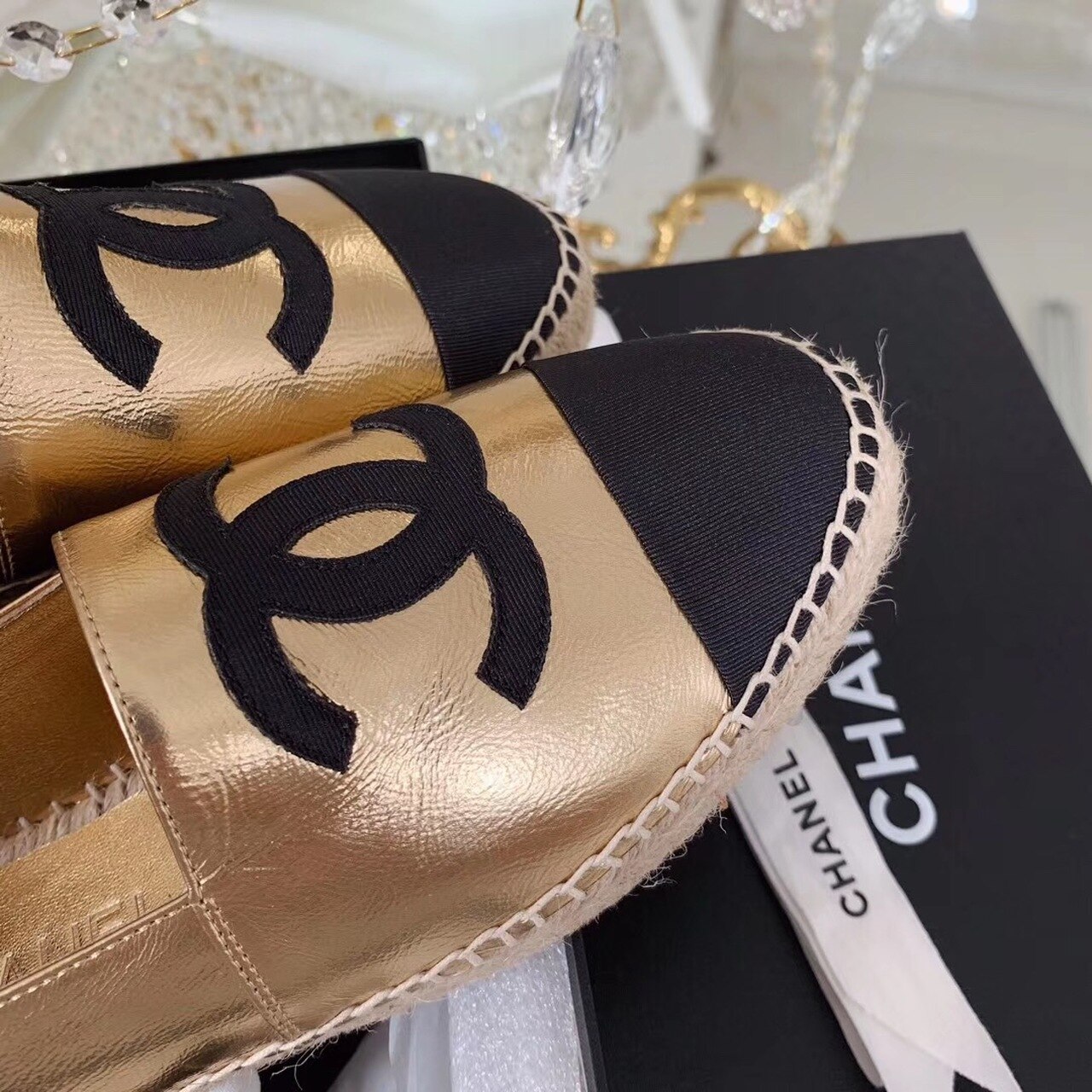 Ch**el Espadrilles Rose Gold/Black For Women, Women’s Shoes G29762