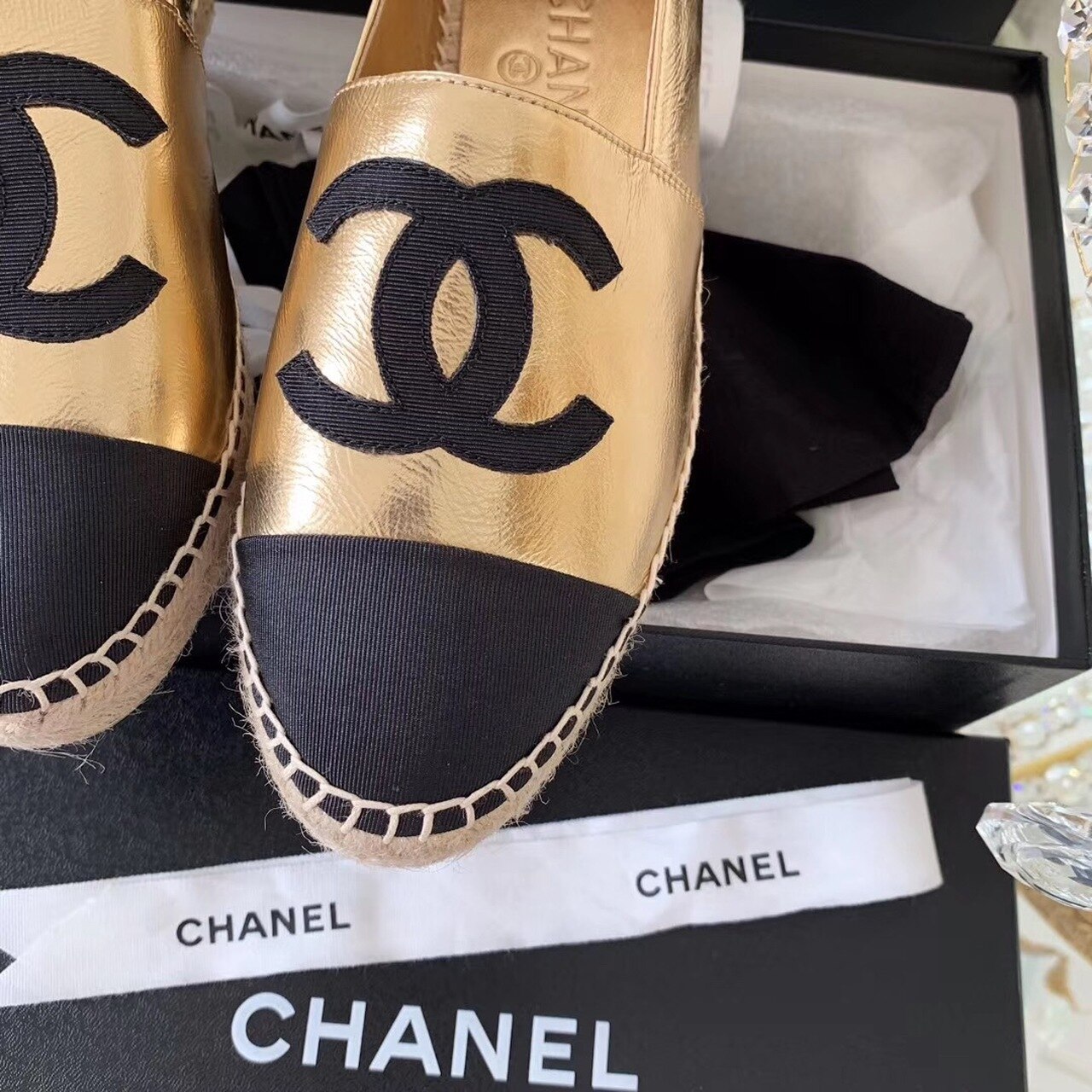 Ch**el Espadrilles Rose Gold/Black For Women, Women’s Shoes G29762