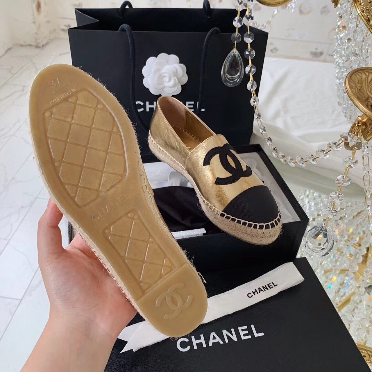 Ch**el Espadrilles Rose Gold/Black For Women, Women’s Shoes G29762