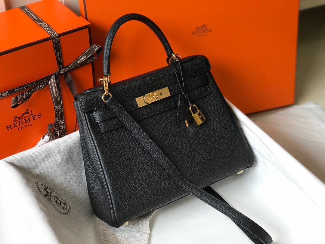 H**me5 Kelly 28 Retourne Togo Black Bag For Women, Women’s Handbags, Shoulder Bags 11in/28cm
