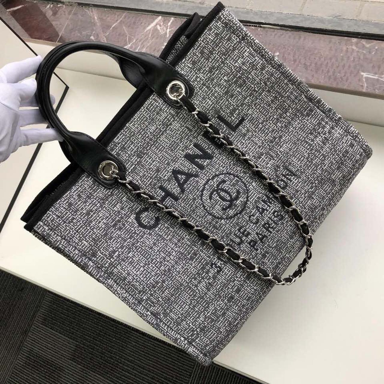 Ch**el Deauville Tote Raffia Canvas Bag Black/White For Women 14.9in/38cm