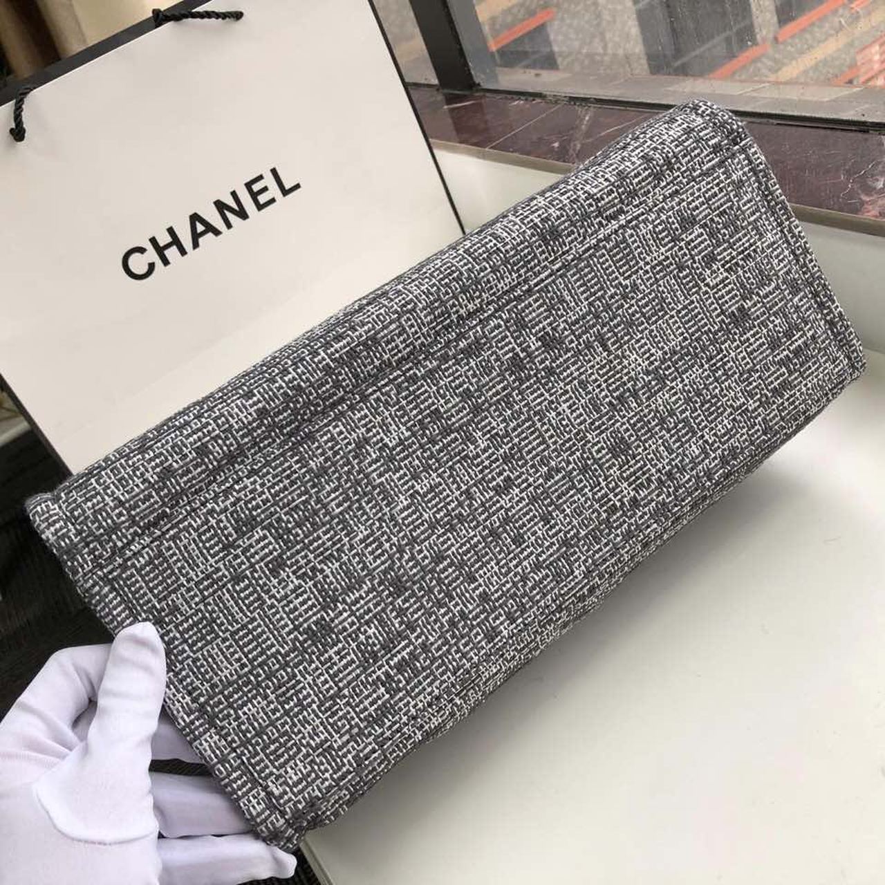 Ch**el Deauville Tote Raffia Canvas Bag Black/White For Women 14.9in/38cm