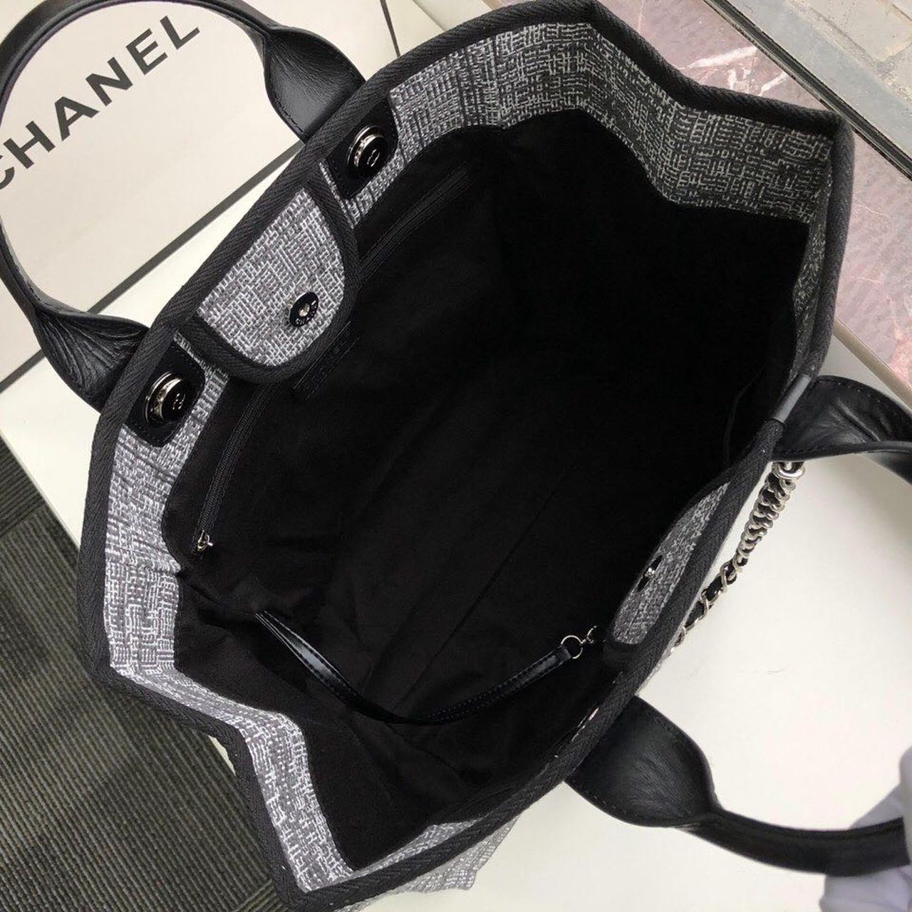Ch**el Deauville Tote Raffia Canvas Bag Black/White For Women 14.9in/38cm
