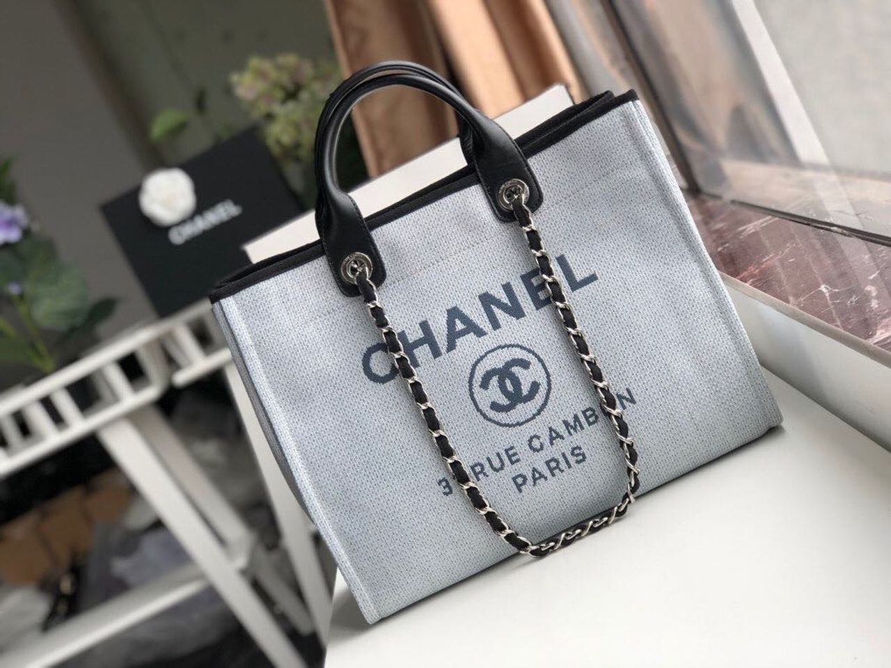 Ch**el Deauville Tote 38cm White Gray For Women A66941