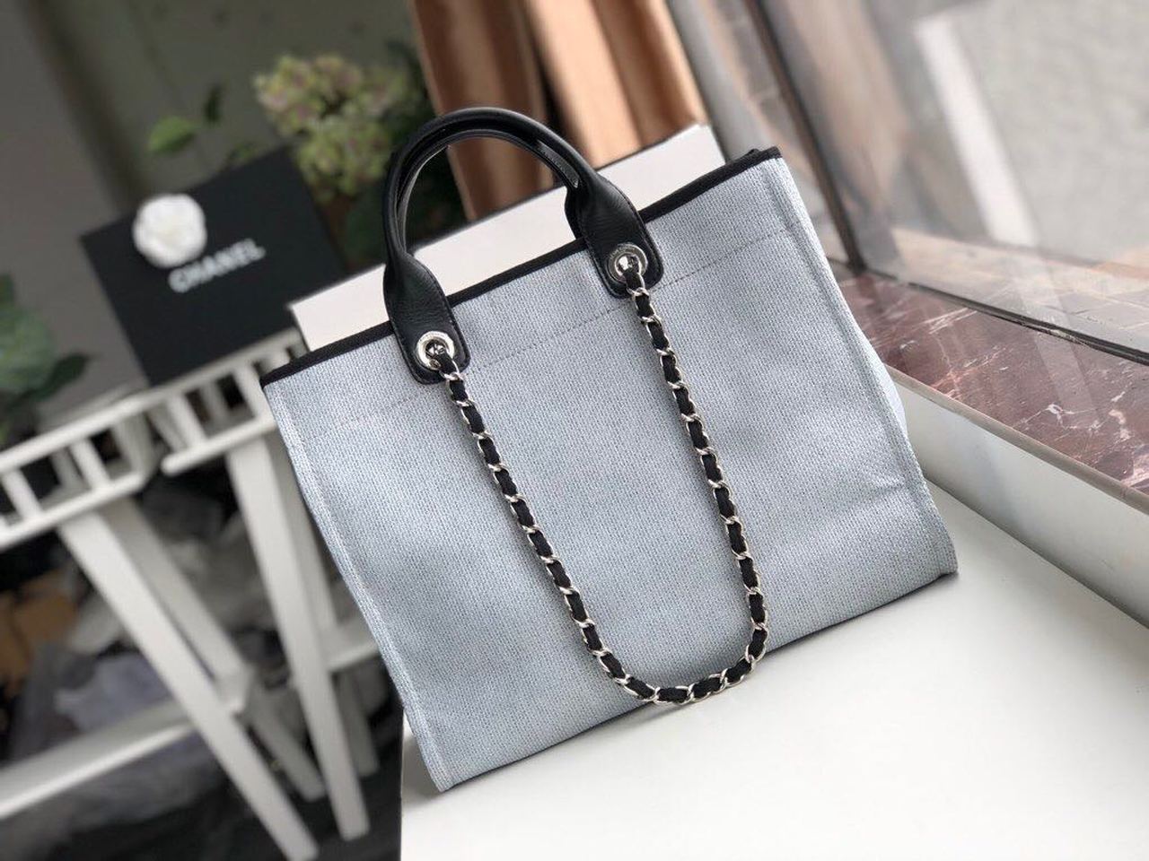 Ch**el Deauville Tote 38cm White Gray For Women A66941