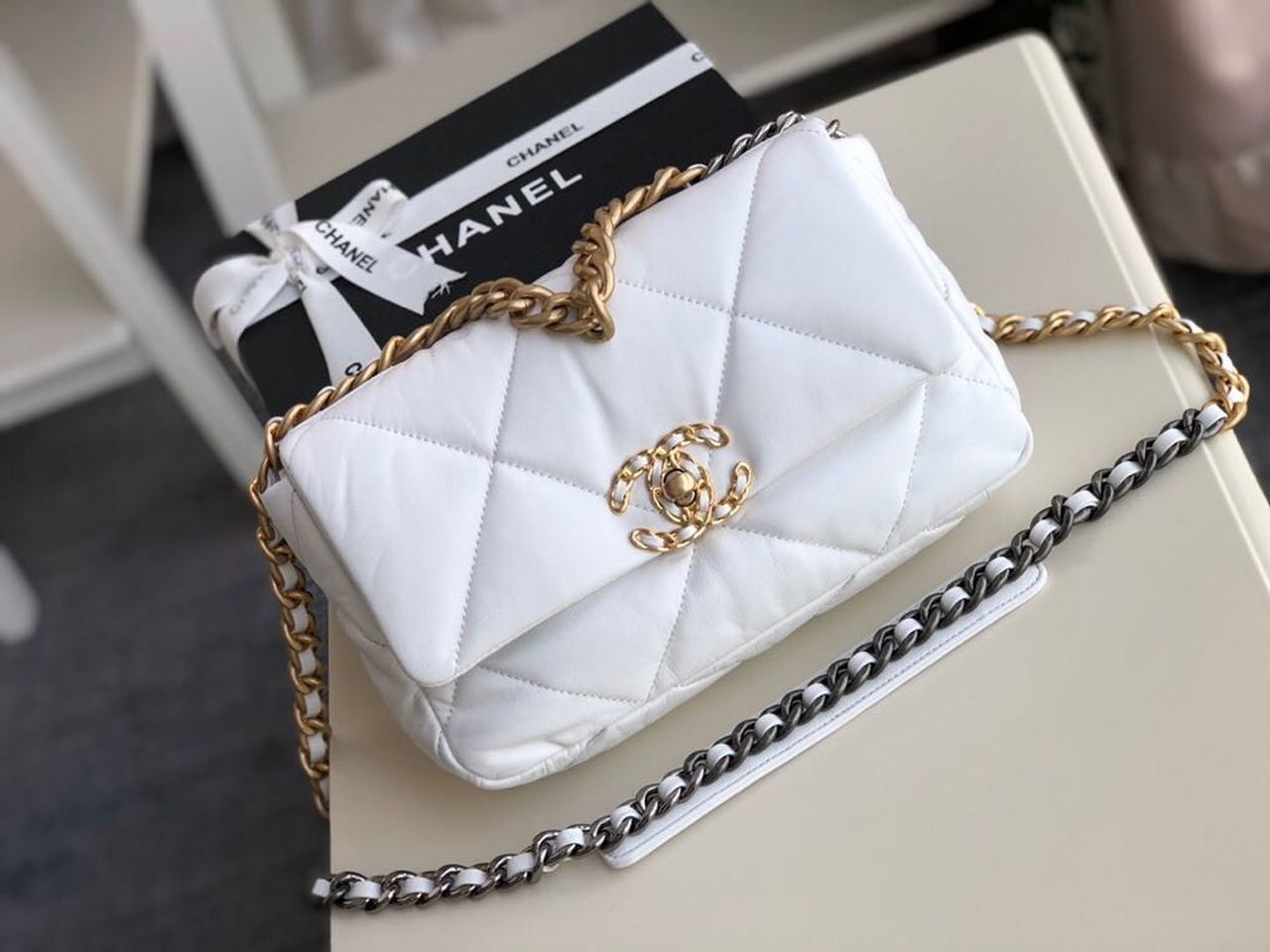 Ch**el 19 HandBag White For Women 10.1in/26cm AS1160