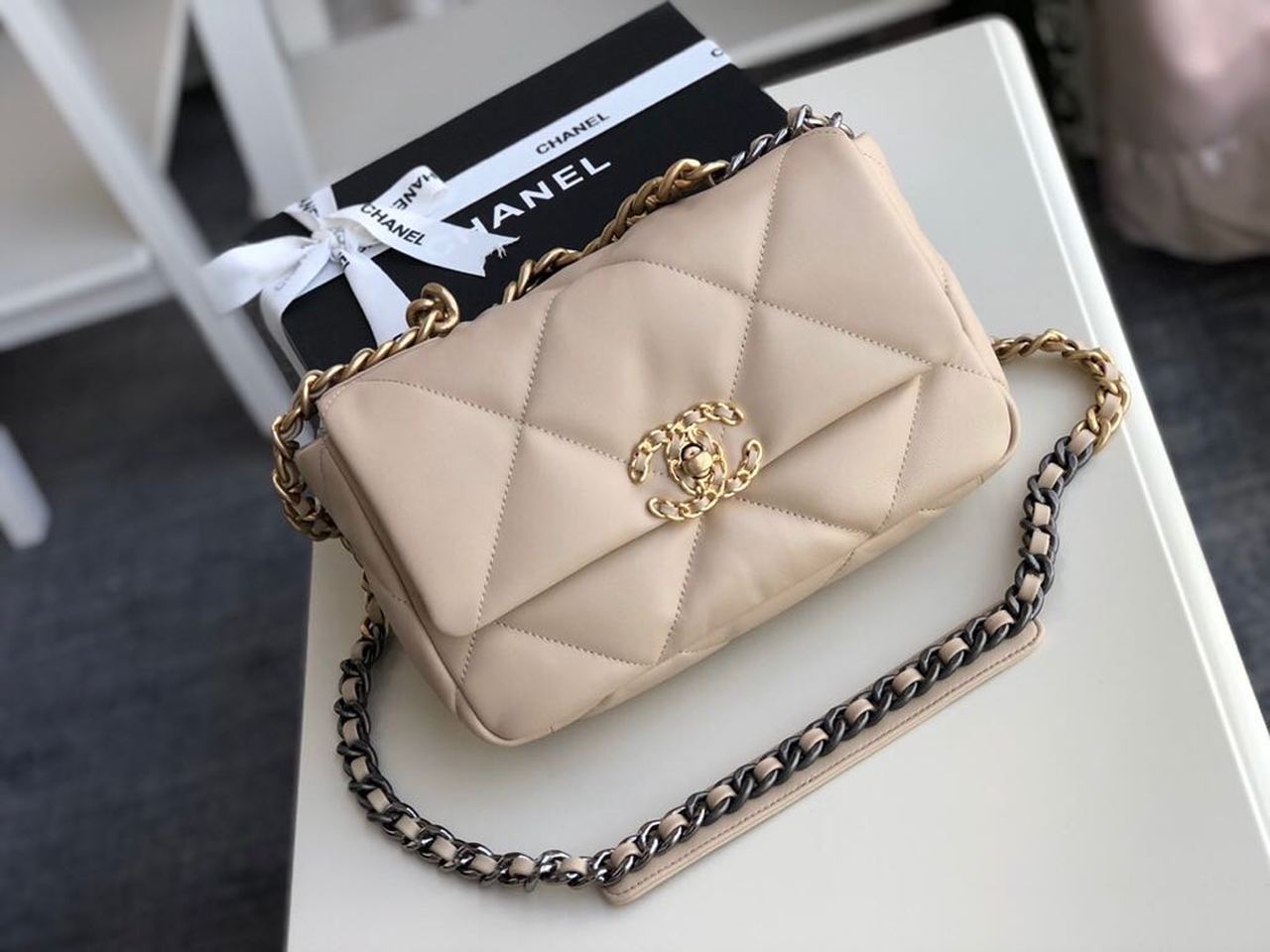 Ch**el 19 Flap Bag Beige For Women 10.1in/26cm