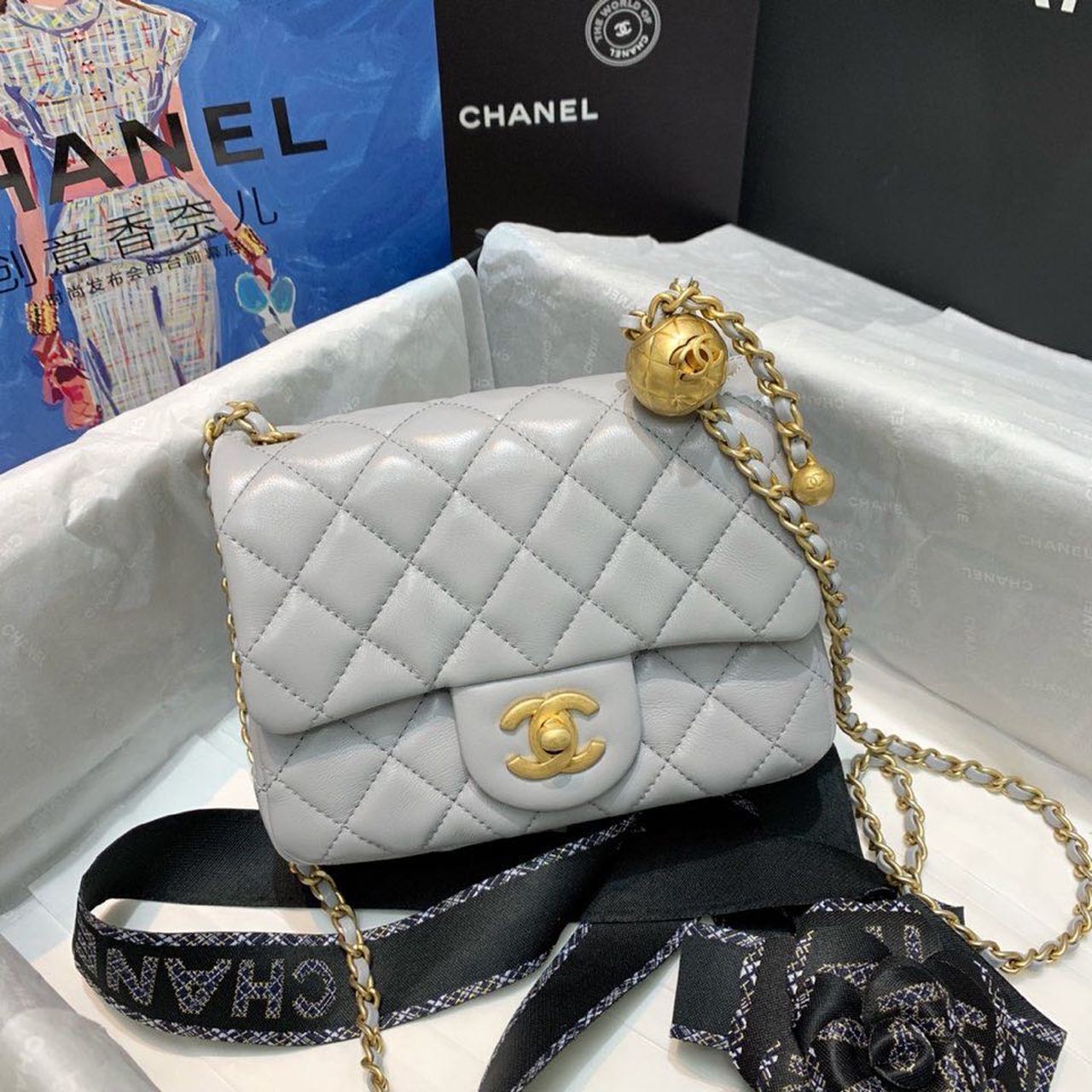 Ch**el Classic Flap With Charm Chain With CC Details On Strap Bag 17cm/7inch Gold Hardware Grey