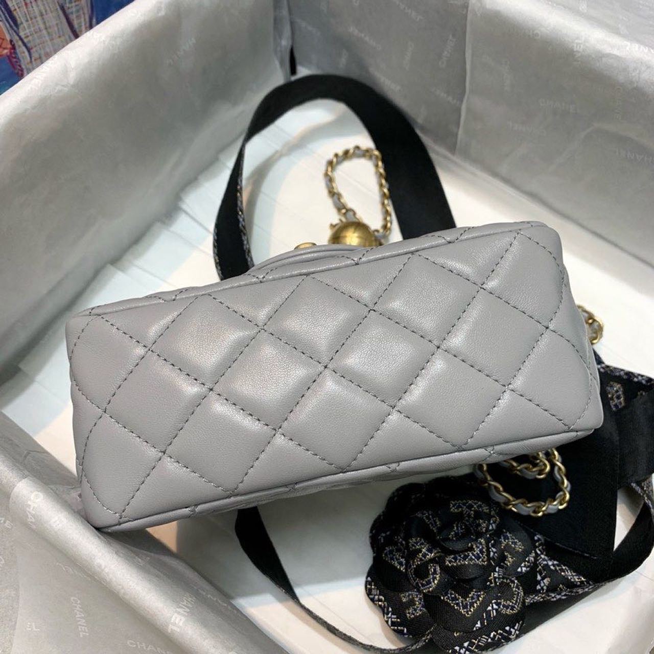 Ch**el Classic Flap With Charm Chain With CC Details On Strap Bag 17cm/7inch Gold Hardware Grey