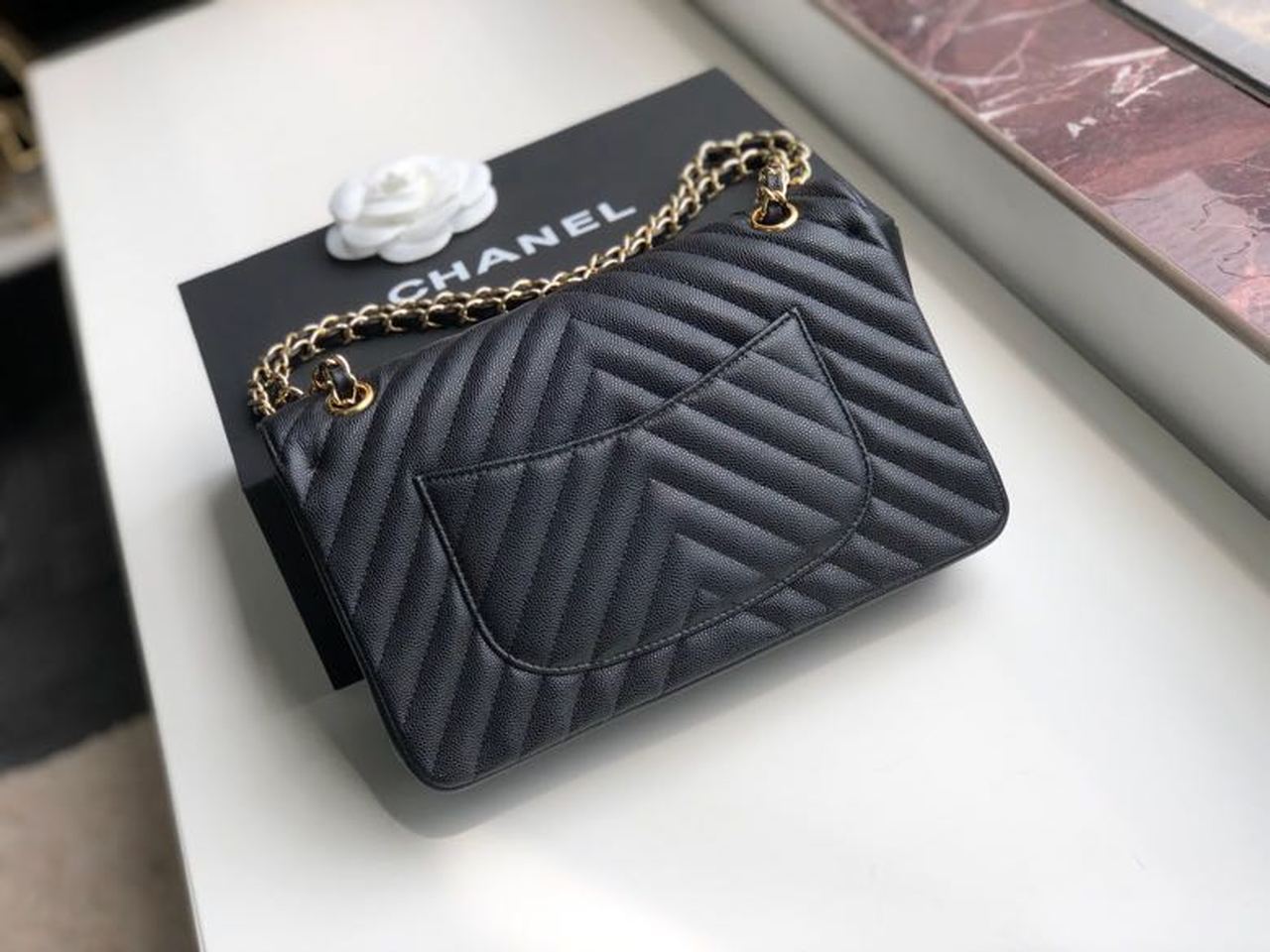 Ch**el Chevron Classic Handbag Gold Toned Hardware Black For Women, Women’s Bags, Shoulder And Crossbody Bags 10.2in/26cm